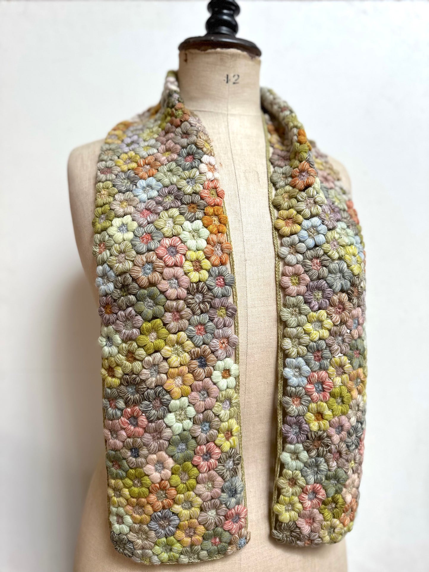 Sophie Digard Green Flower Bouquet Crochet Wool Scarf