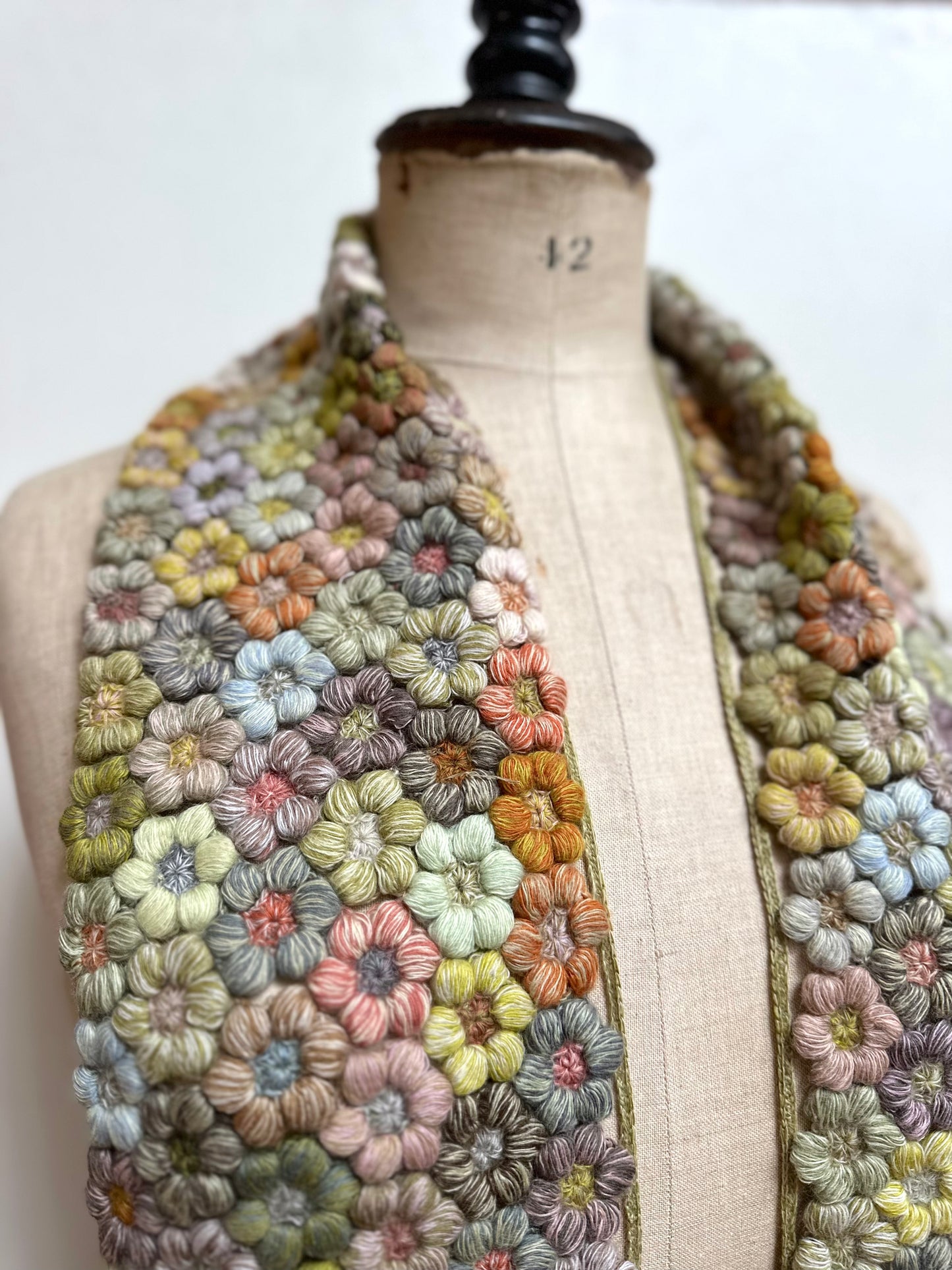 Sophie Digard Green Flower Bouquet Crochet Wool Scarf