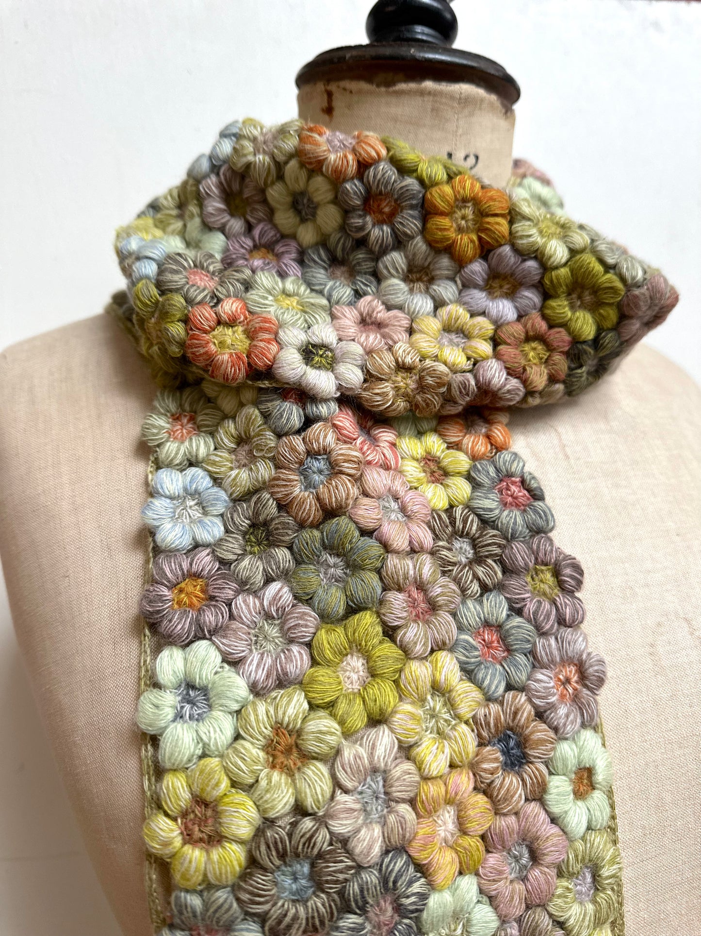 Sophie Digard Green Flower Bouquet Crochet Wool Scarf