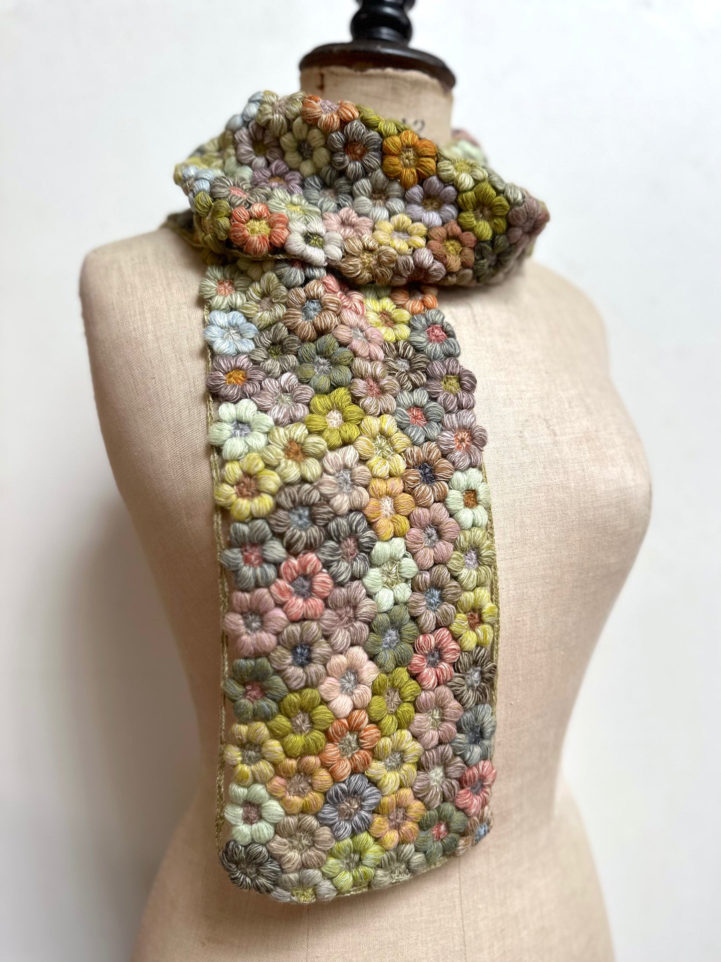 Sophie Digard Green Flower Bouquet Crochet Wool Scarf