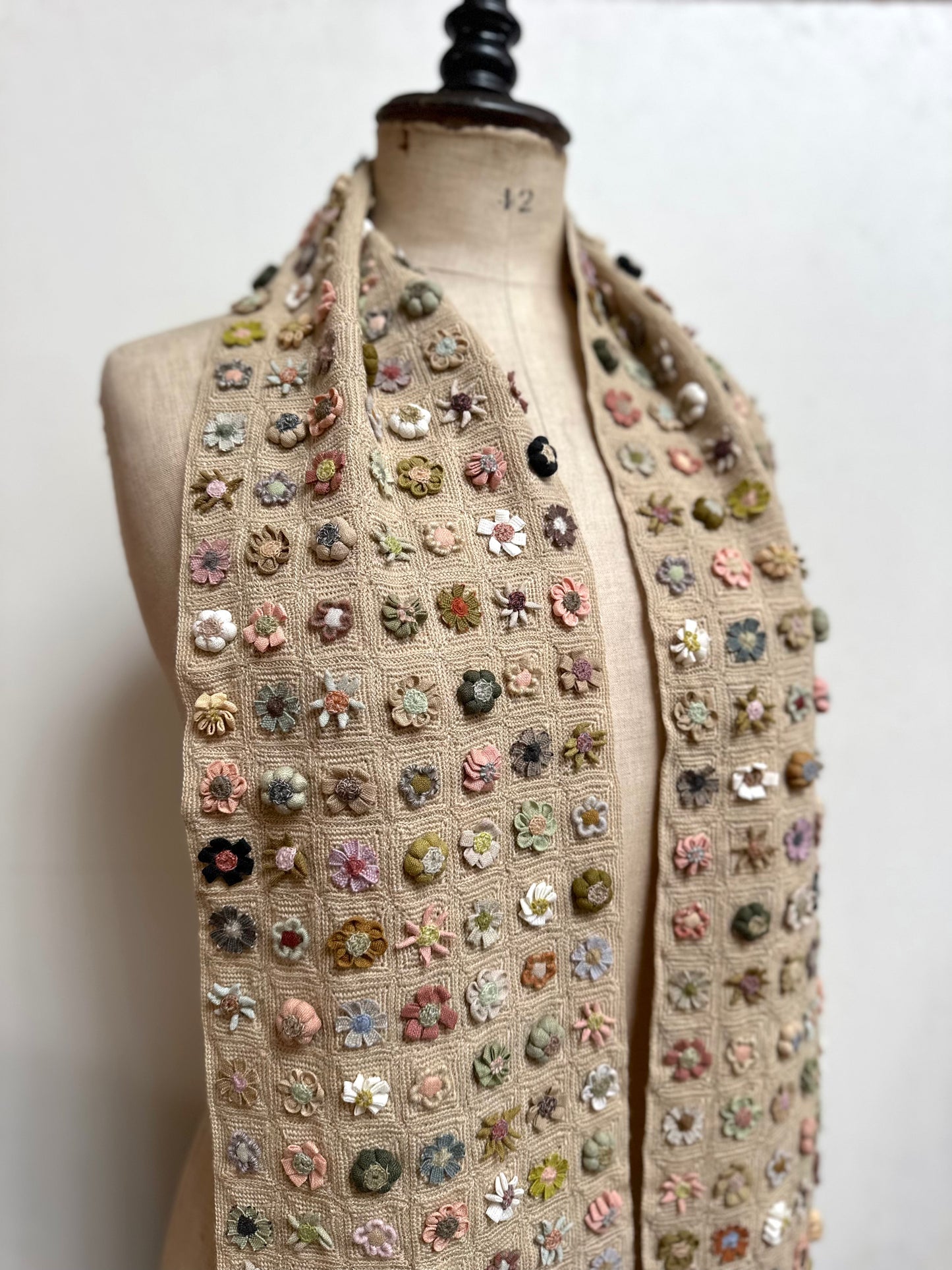 Sophie Digard Biscuit Crochet Wool Scarf With Geometric Floral Applique