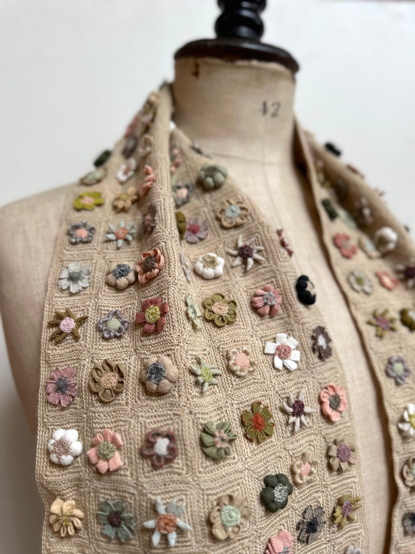 Sophie Digard Biscuit Crochet Wool Scarf With Geometric Floral Applique