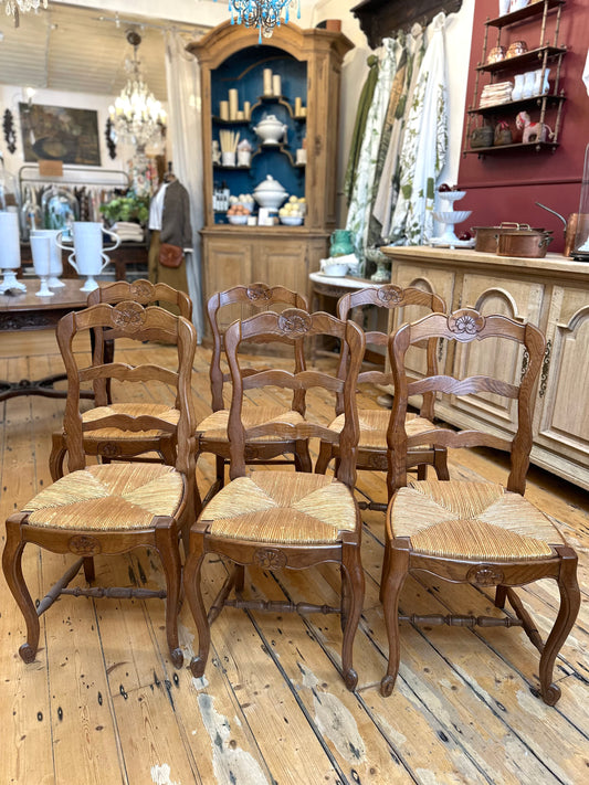 Set of 6 Antique French Oak Farmhouse Dining Chairs