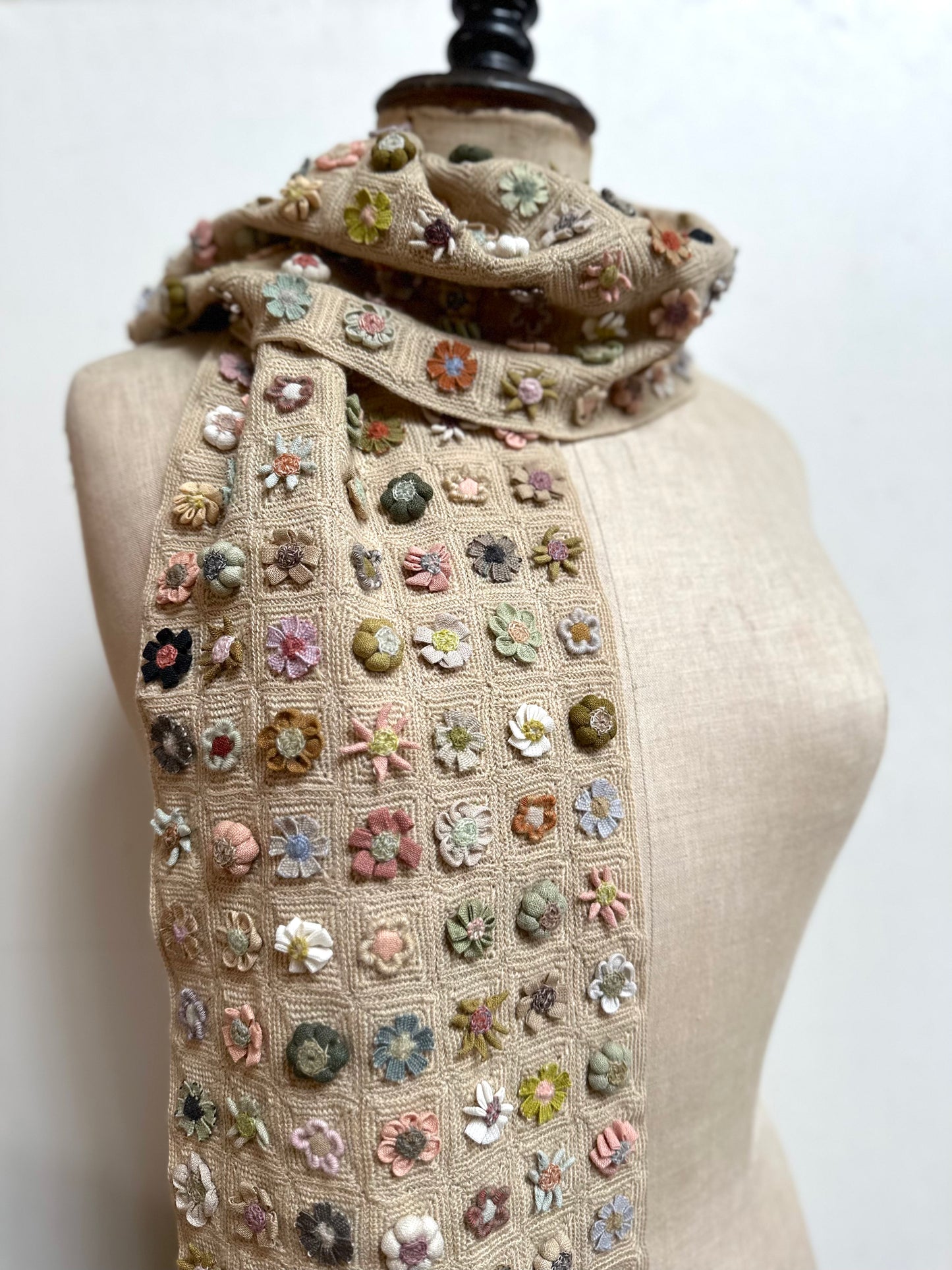 Sophie Digard Biscuit Crochet Wool Scarf With Geometric Floral Applique