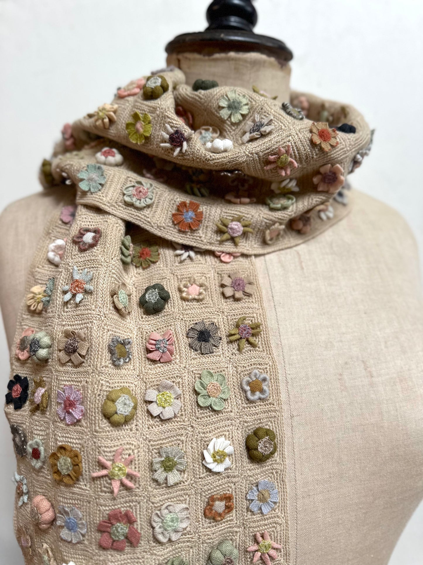 Sophie Digard Biscuit Crochet Wool Scarf With Geometric Floral Applique