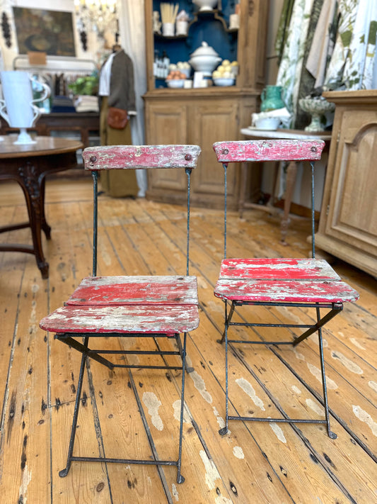 Antique French Pair Of Painted Red Outdoor Folding Chairs
