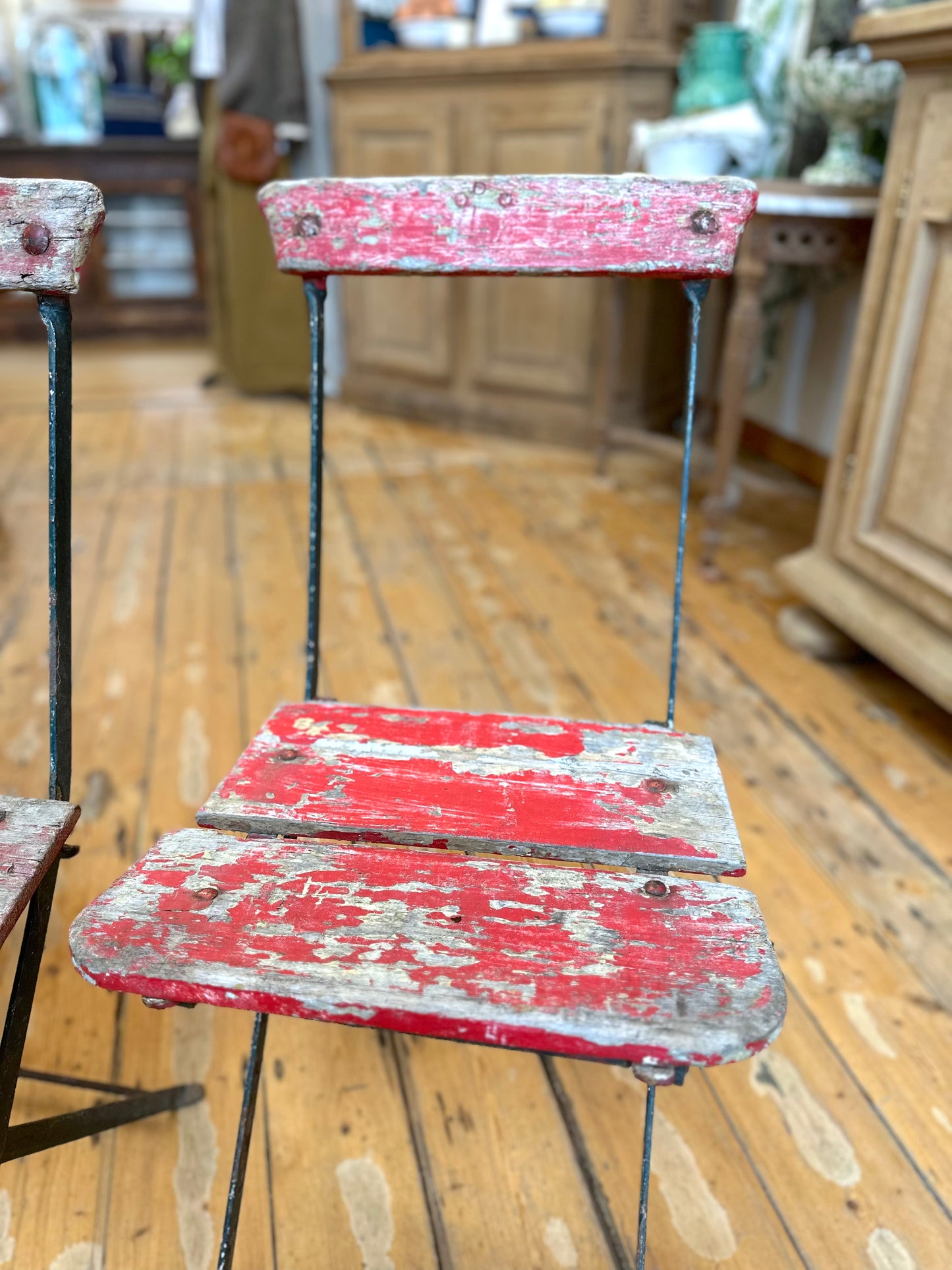 Antique French Pair Of Painted Red Outdoor Folding Chairs