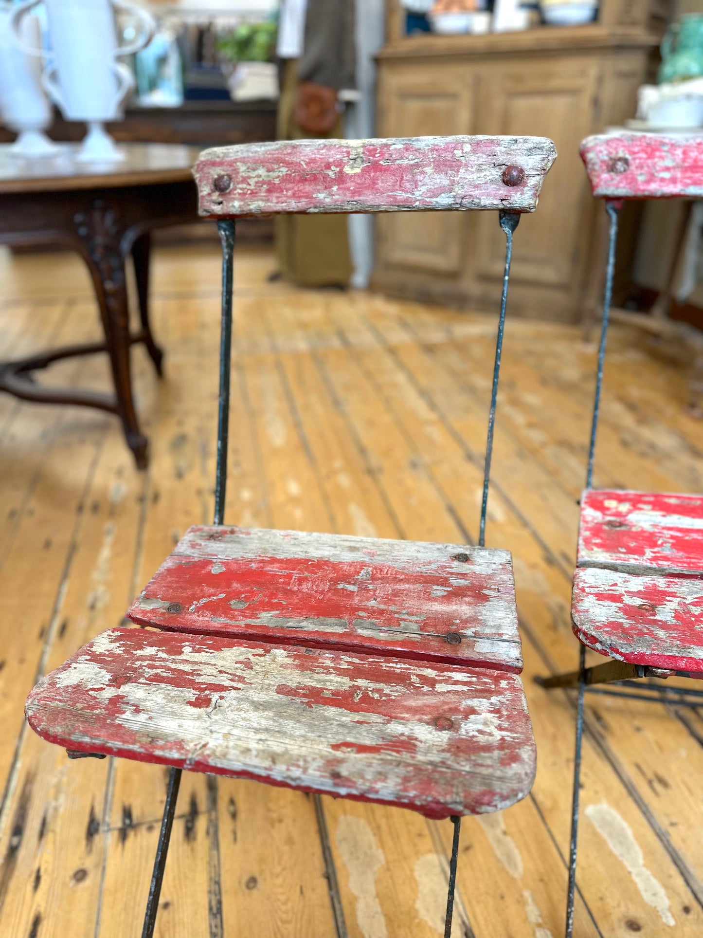 Antique French Pair Of Painted Red Outdoor Folding Chairs