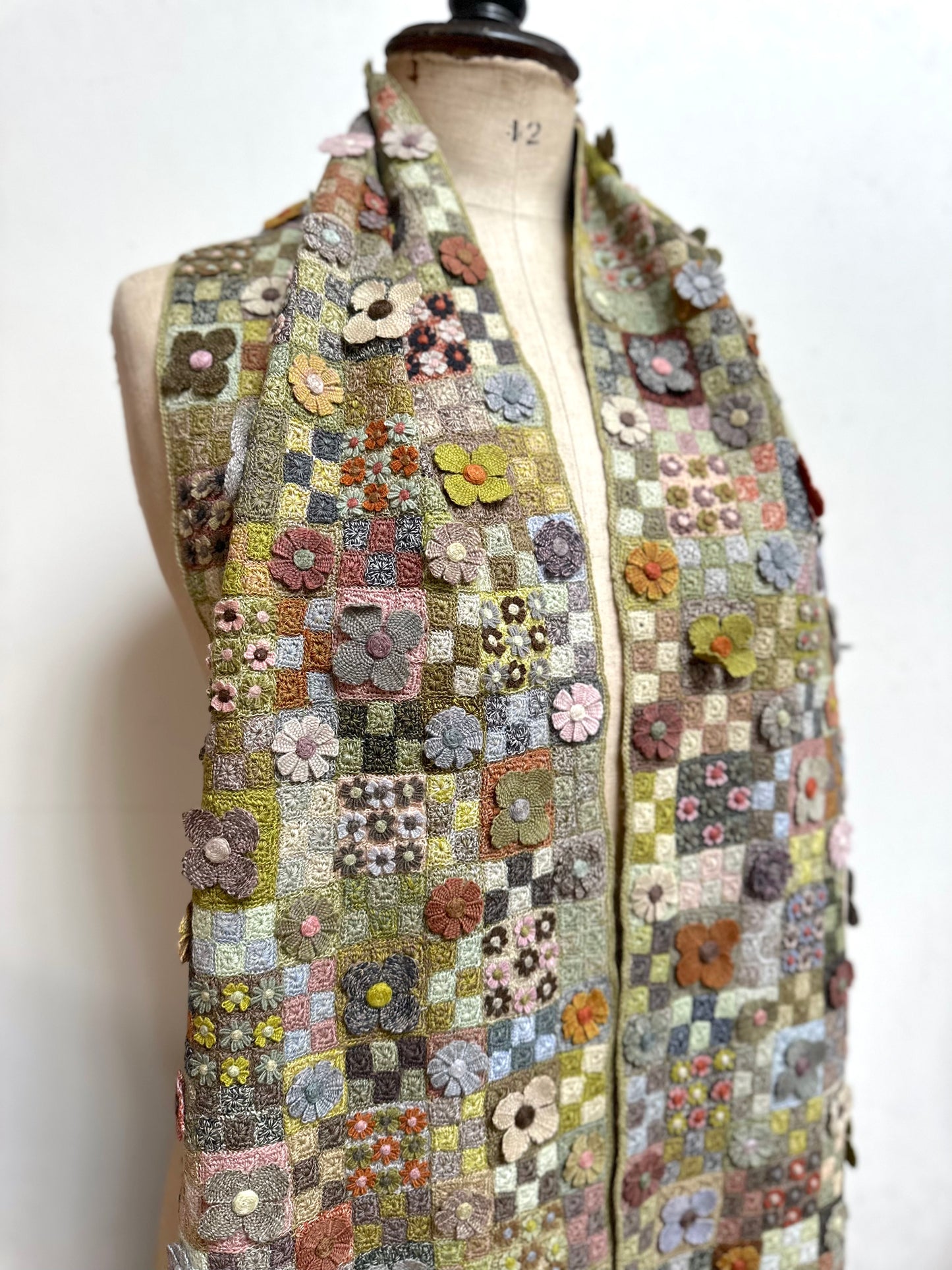 Sophie Digard Green Floret Patchwork Crochet Wool Scarf