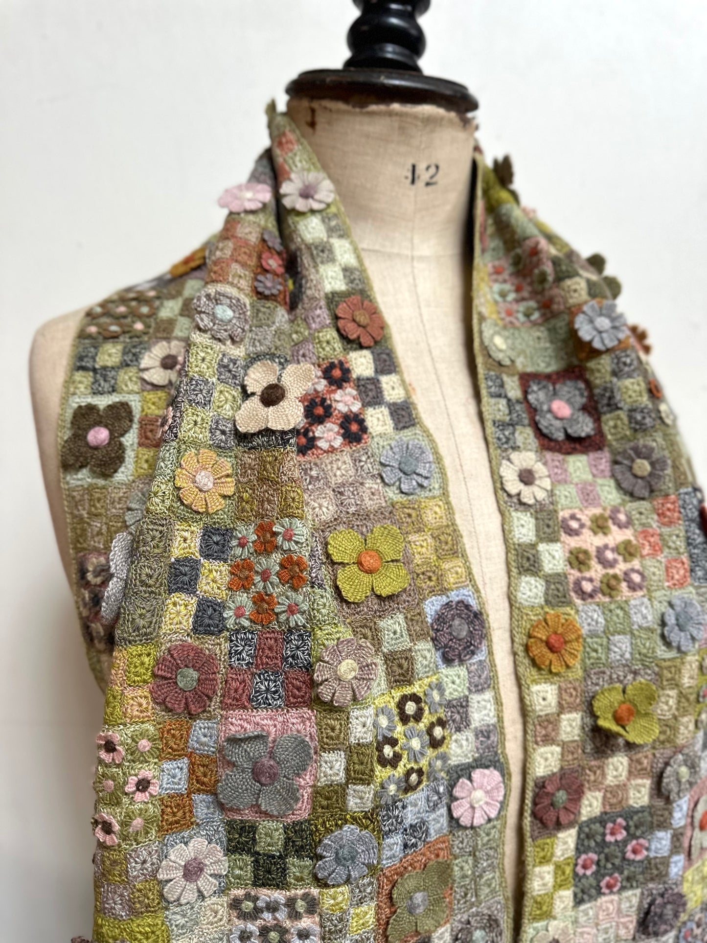 Sophie Digard Green Floret Patchwork Crochet Wool Scarf