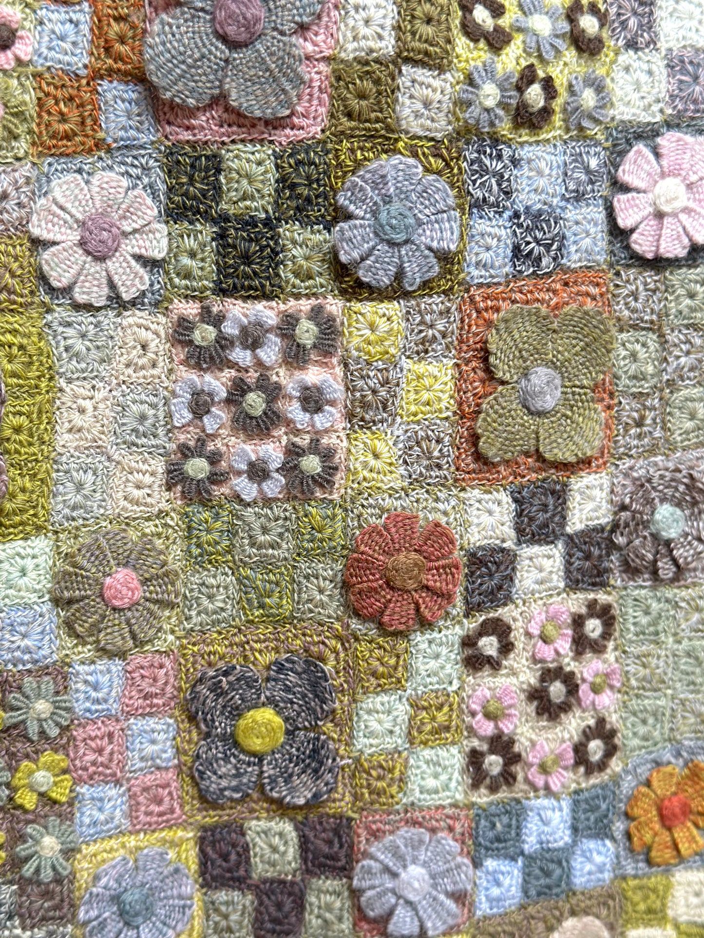 Sophie Digard Green Floret Patchwork Crochet Wool Scarf