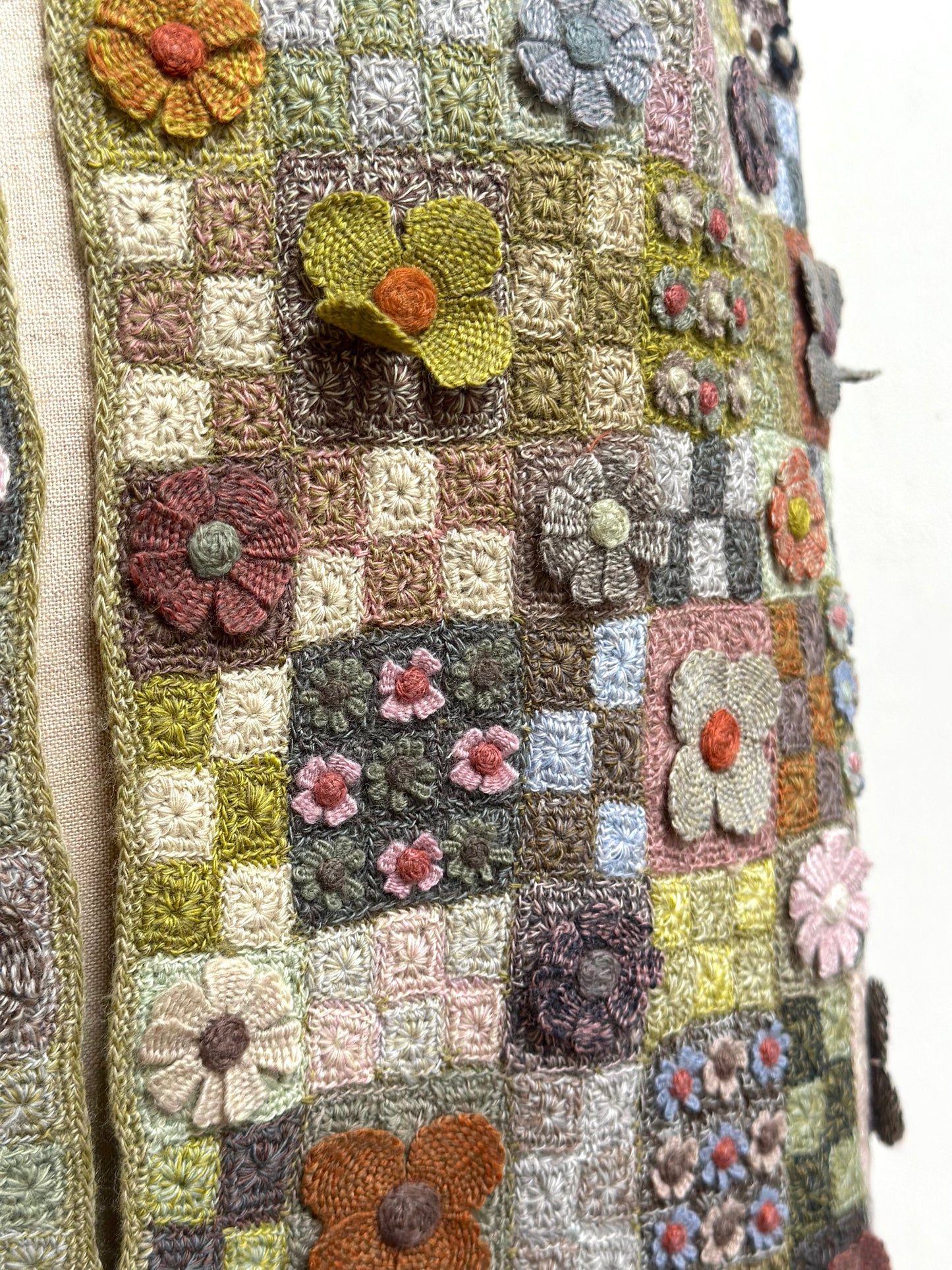 Sophie Digard Green Floret Patchwork Crochet Wool Scarf