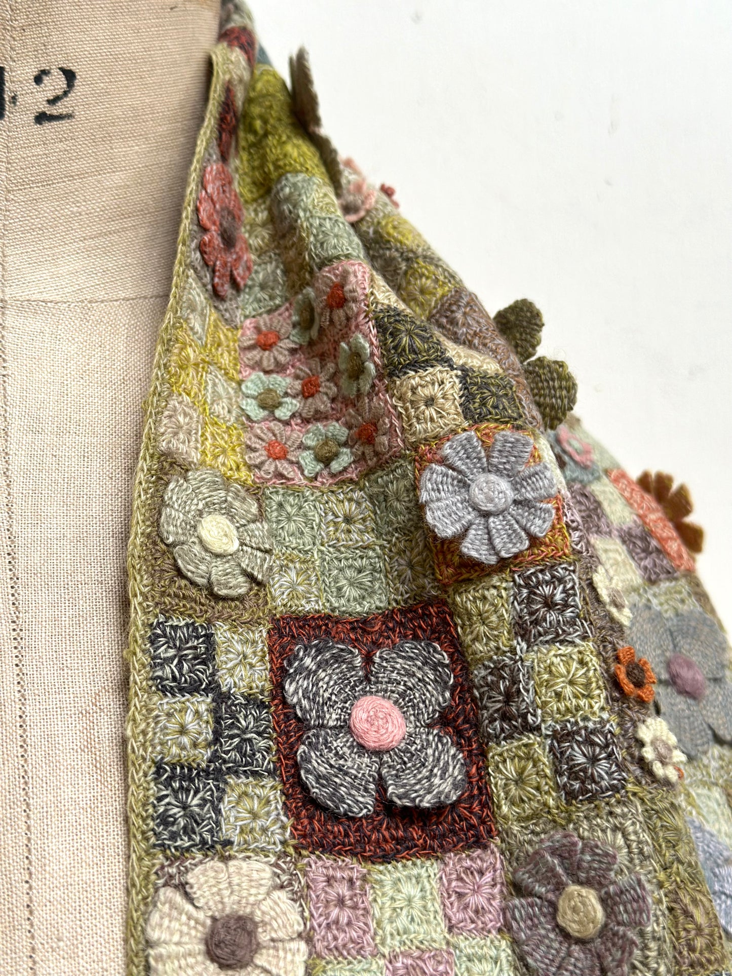Sophie Digard Green Floret Patchwork Crochet Wool Scarf