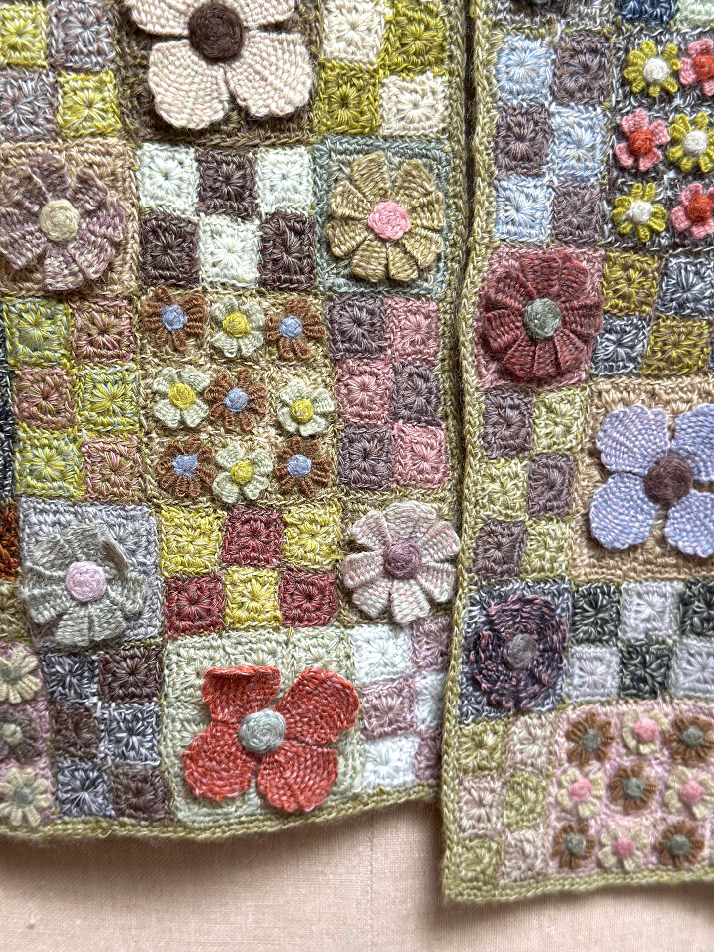 Sophie Digard Green Floret Patchwork Crochet Wool Scarf