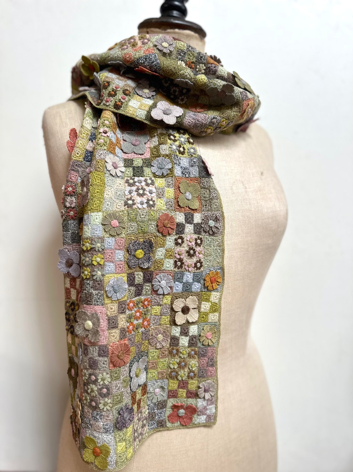 Sophie Digard Green Floret Patchwork Crochet Wool Scarf