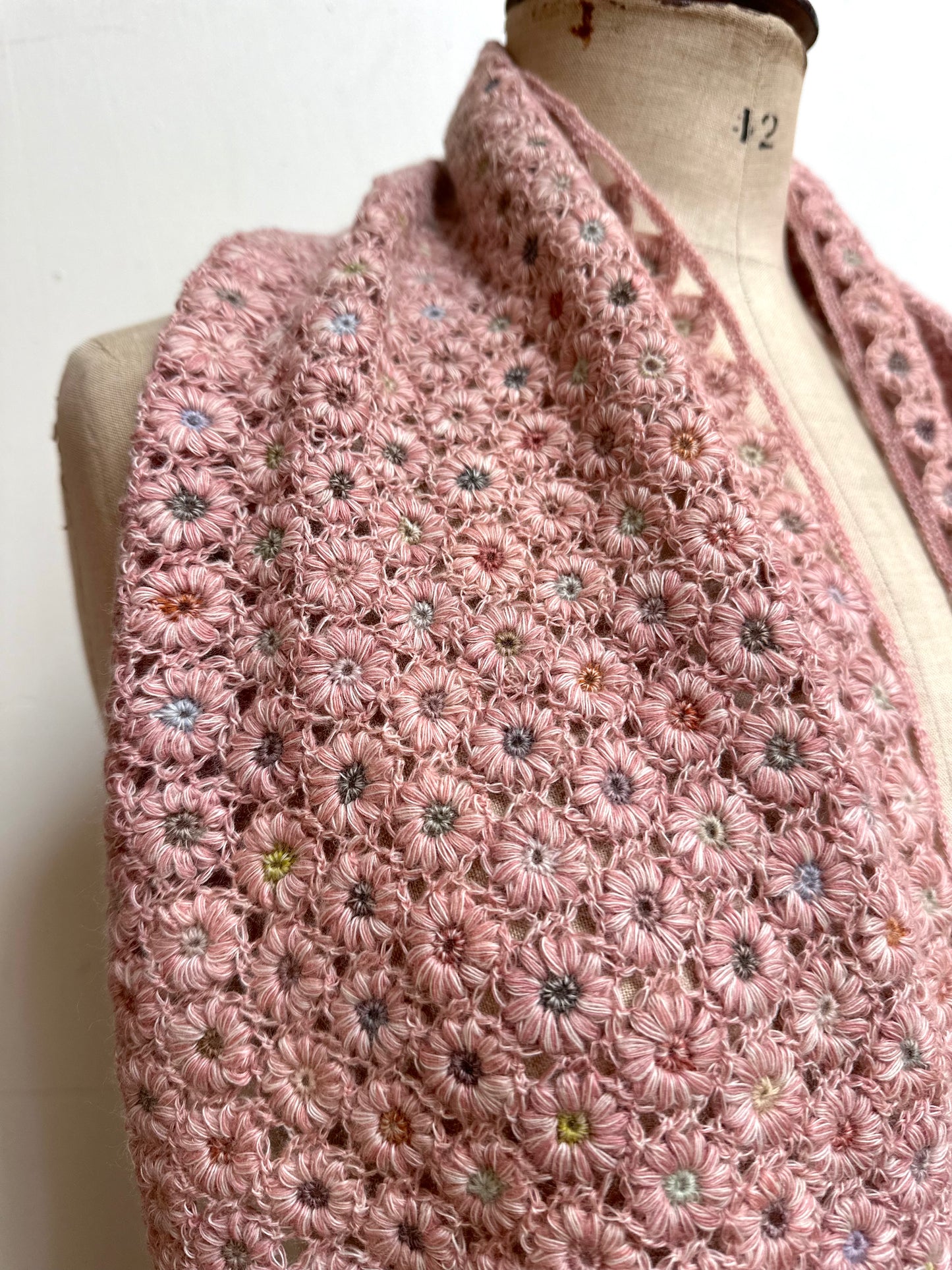 Sophie Digard Crochet Wool Scarf Pink Daisy Chains