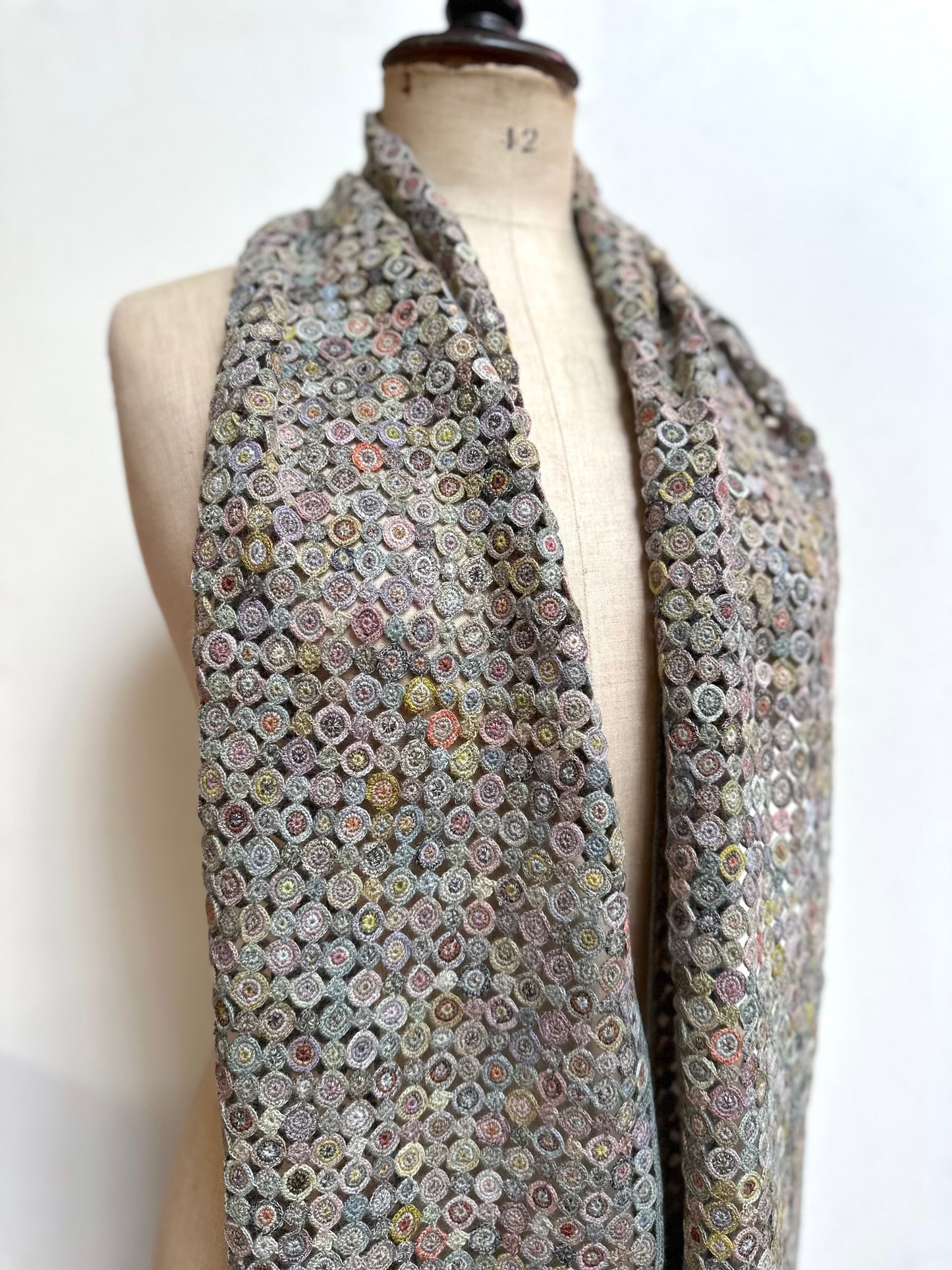 Sophie Digard Multi Blue Circles Crochet Wool Scarf