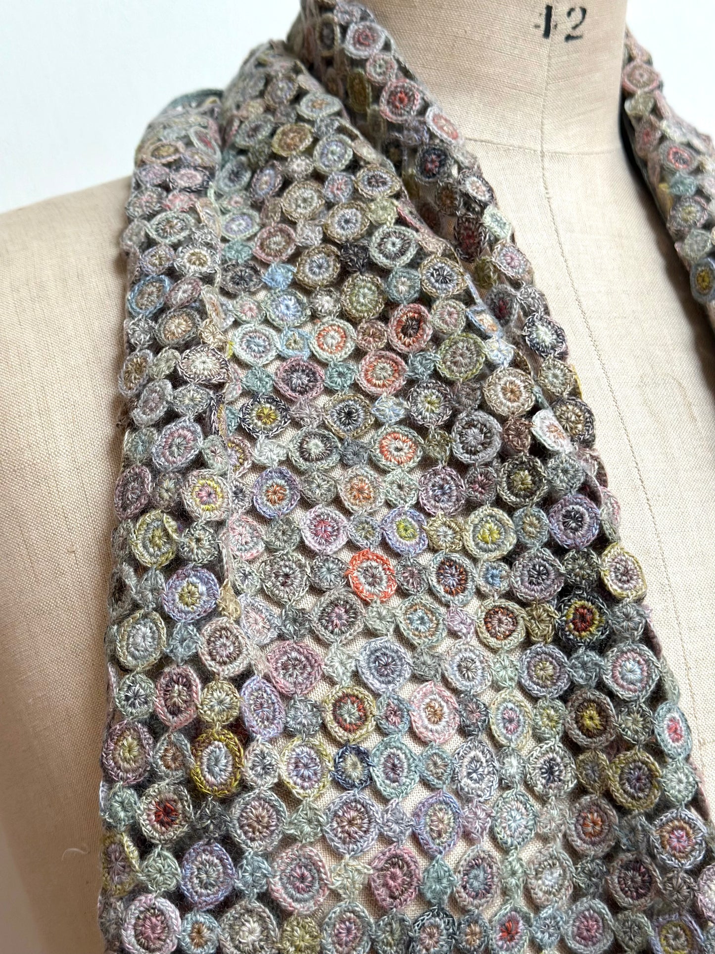 Sophie Digard Multi Blue Circles Crochet Wool Scarf