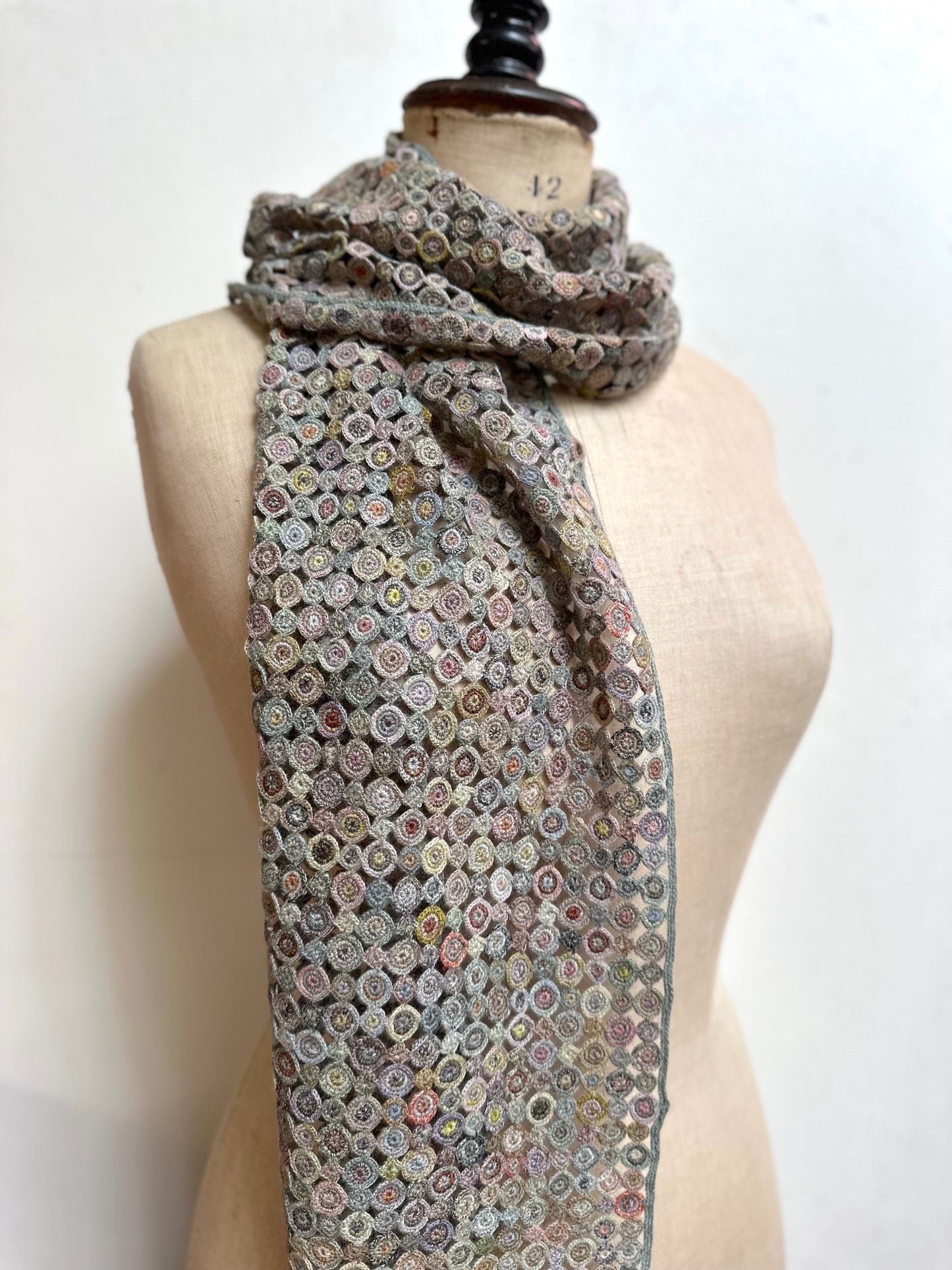 Sophie Digard Multi Blue Circles Crochet Wool Scarf