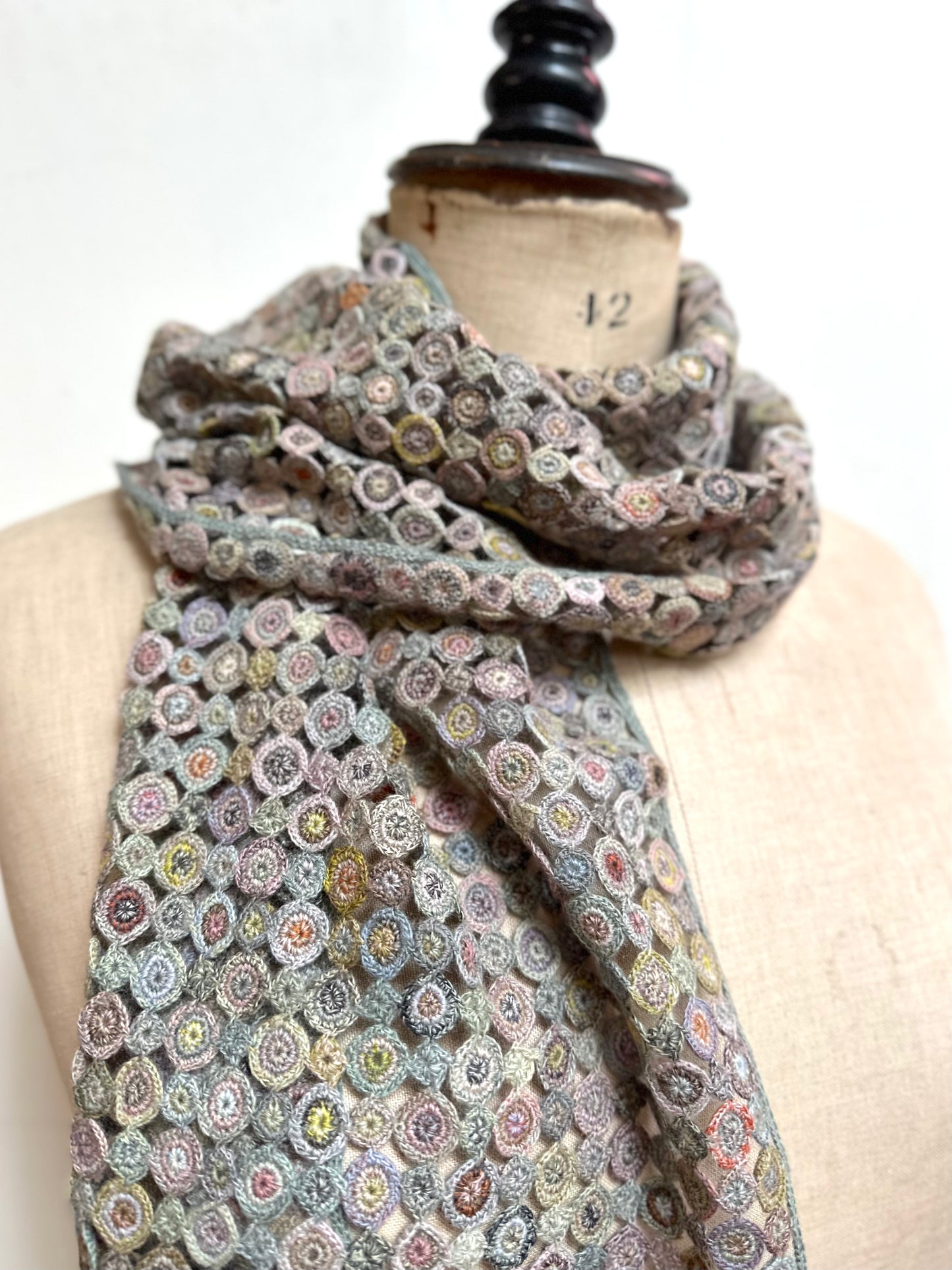 Sophie Digard Multi Blue Circles Crochet Wool Scarf