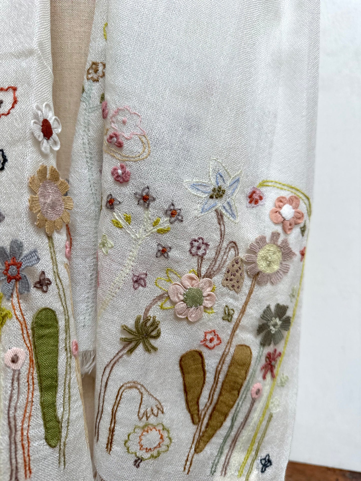 Sophie Digard Linen Scarf With Flower Garden Applique