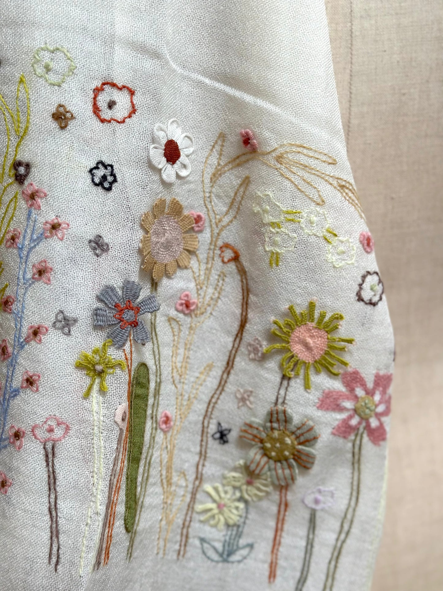 Sophie Digard Linen Scarf With Flower Garden Applique