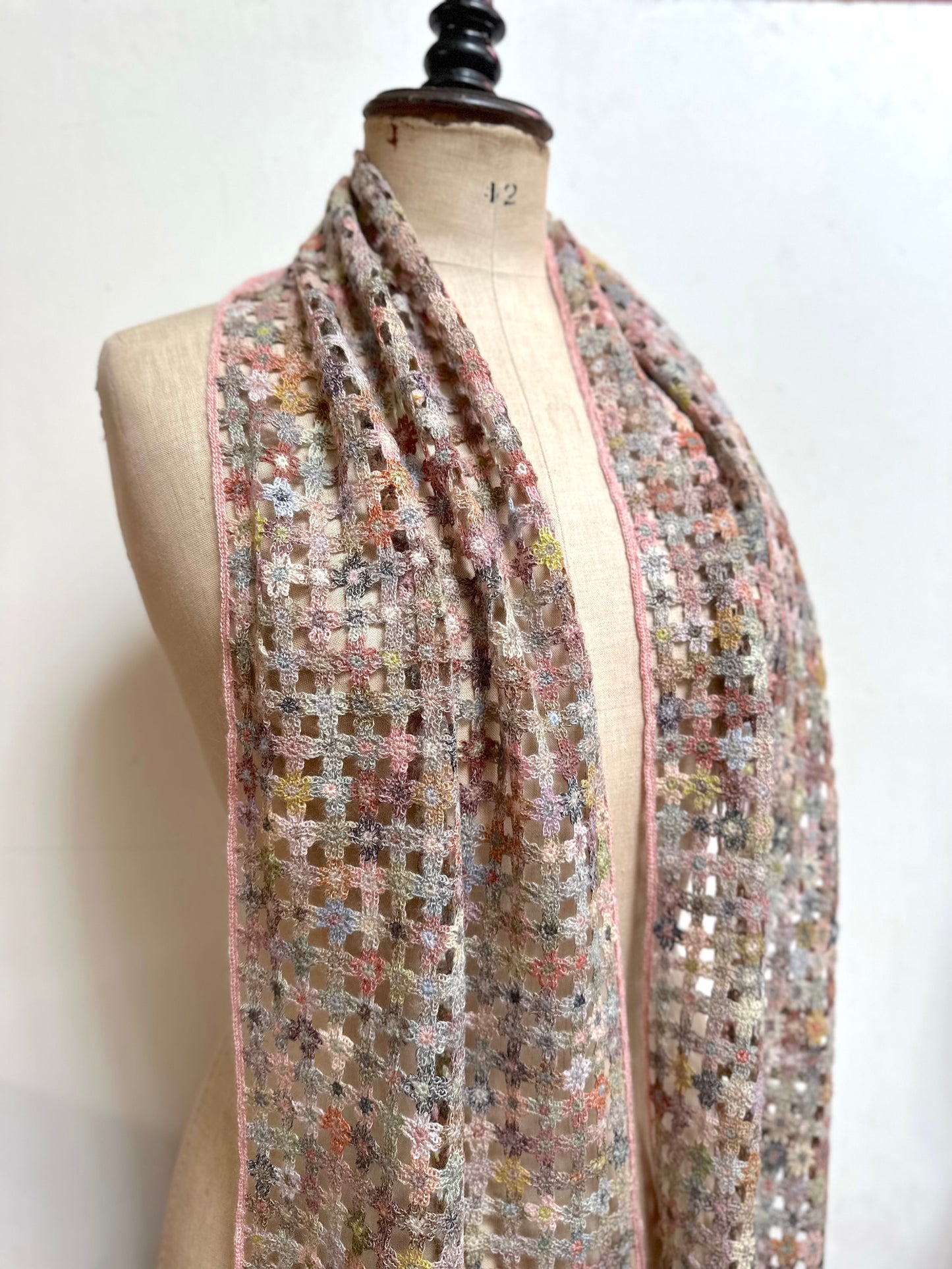 Sophie Digard Spring Blooms Pink Crochet Wool Scarf