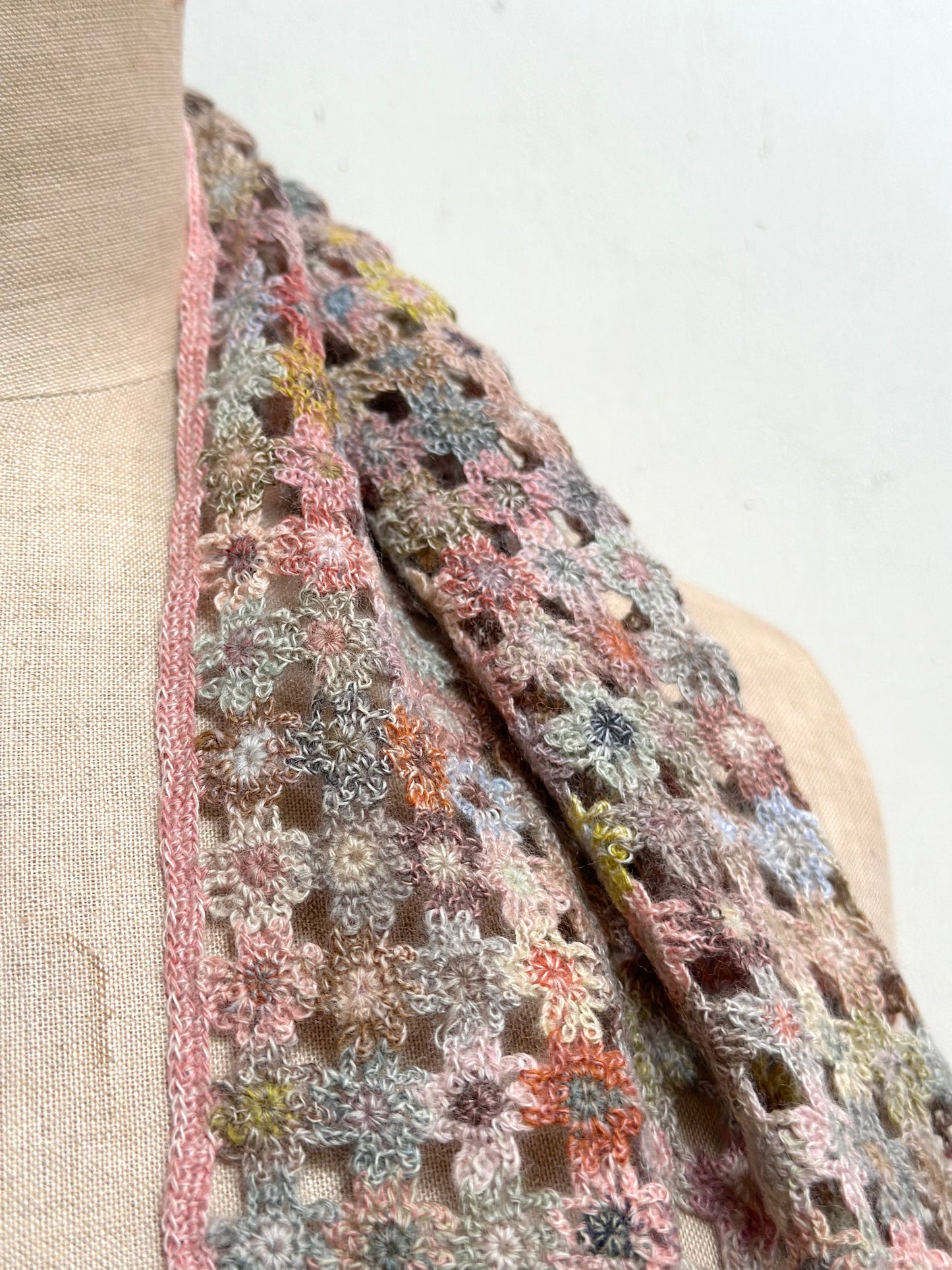 Sophie Digard Spring Blooms Pink Crochet Wool Scarf