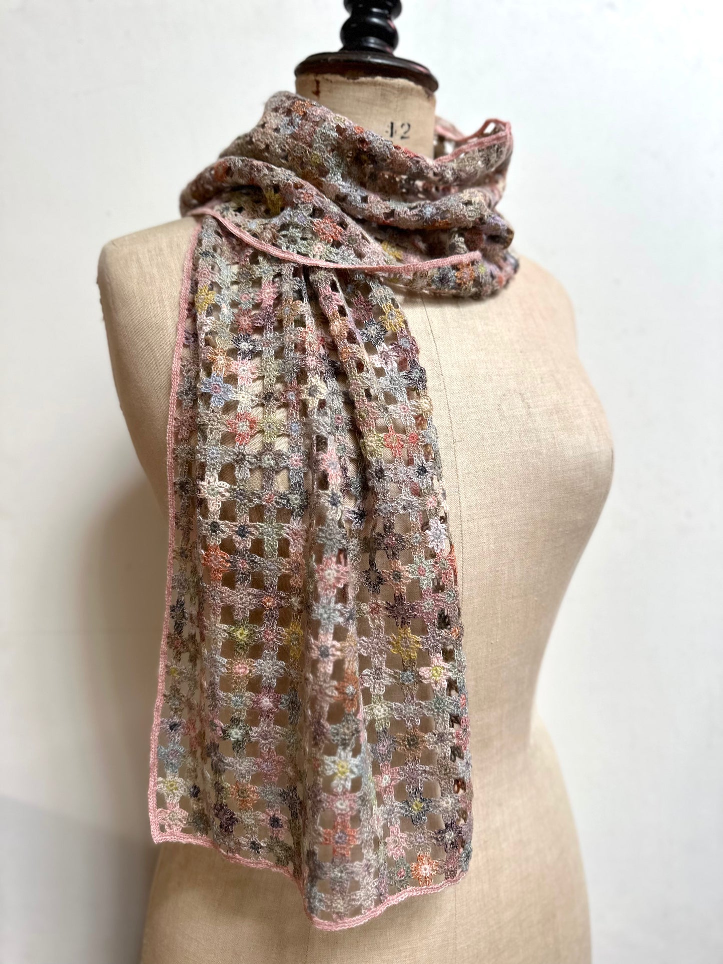 Sophie Digard Spring Blooms Pink Crochet Wool Scarf