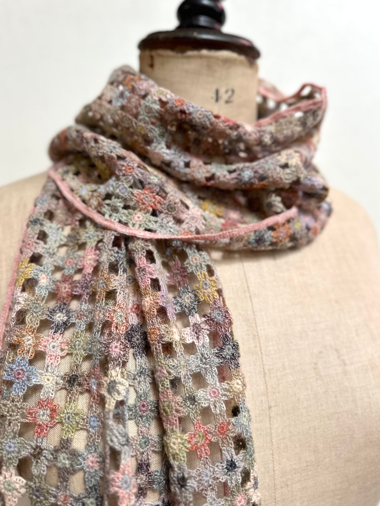 Sophie Digard Spring Blooms Pink Crochet Wool Scarf