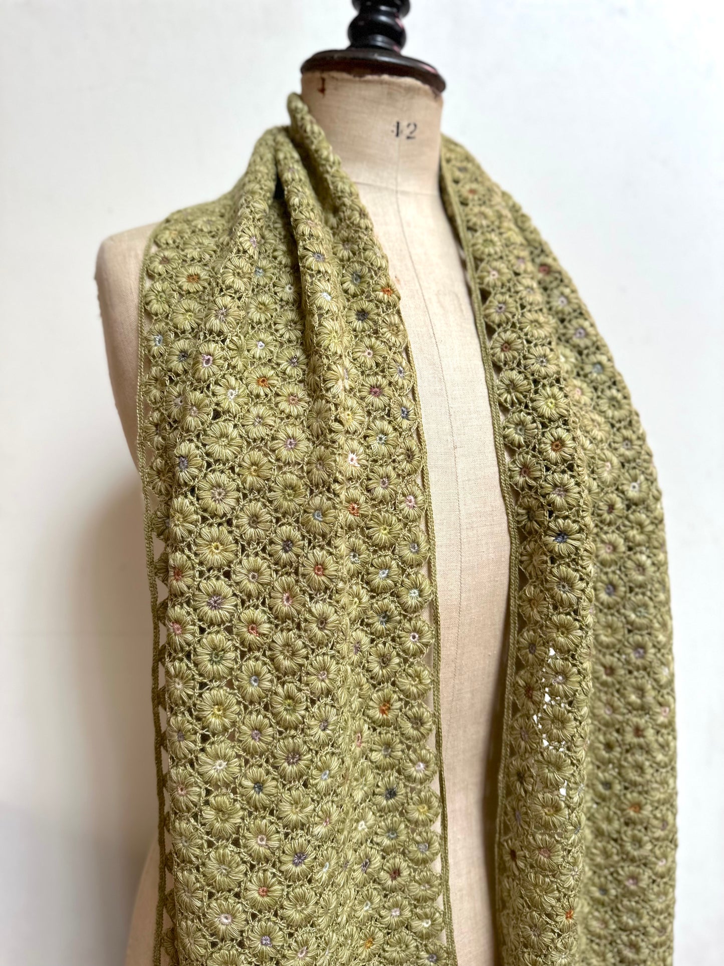 Sophie Digard Crochet Wool Scarf Green Daisy Chains