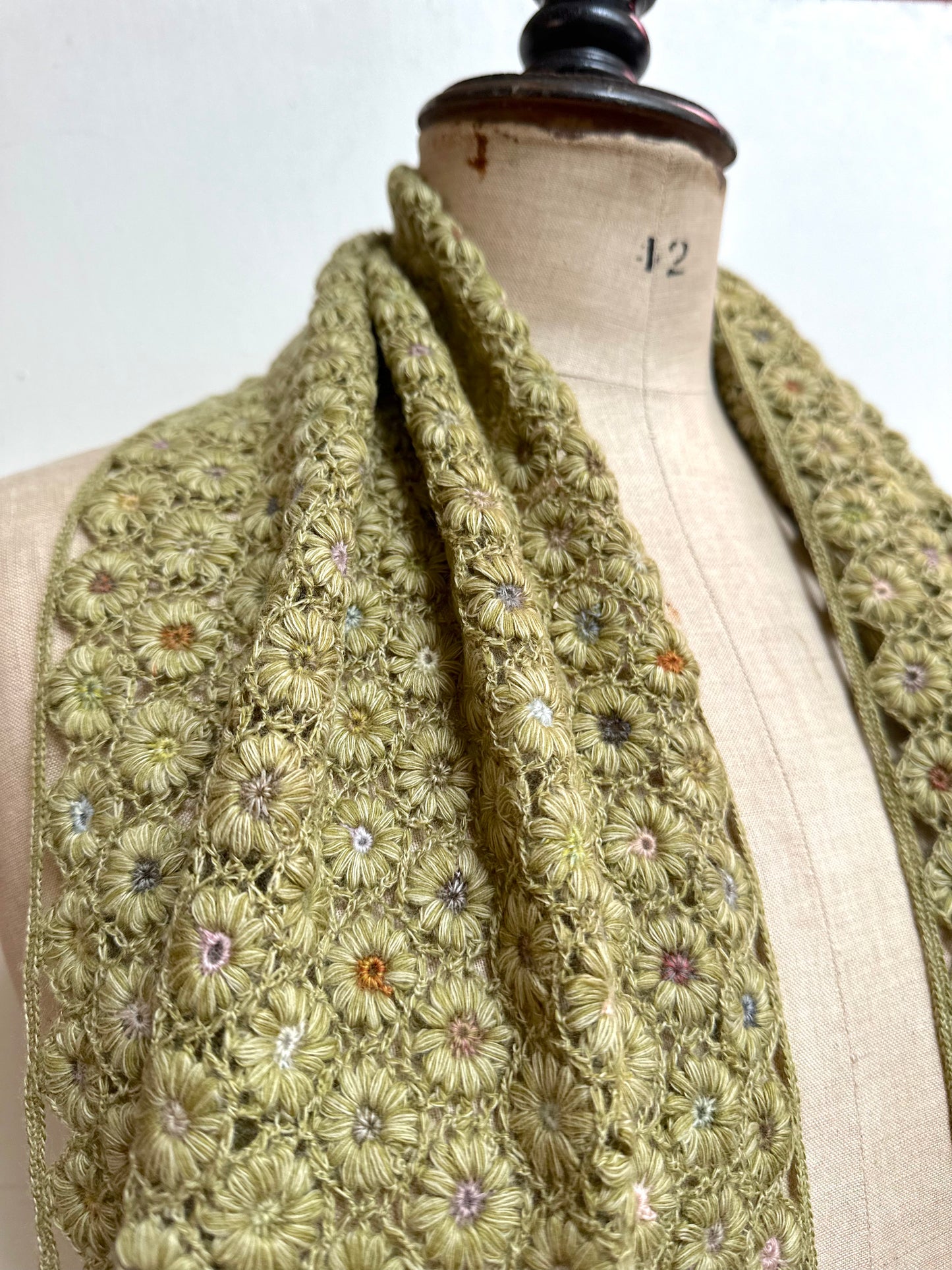 Sophie Digard Crochet Wool Scarf Green Daisy Chains