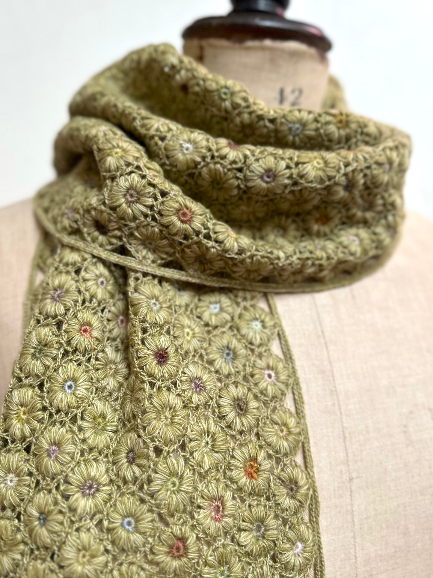 Sophie Digard Crochet Wool Scarf Green Daisy Chains