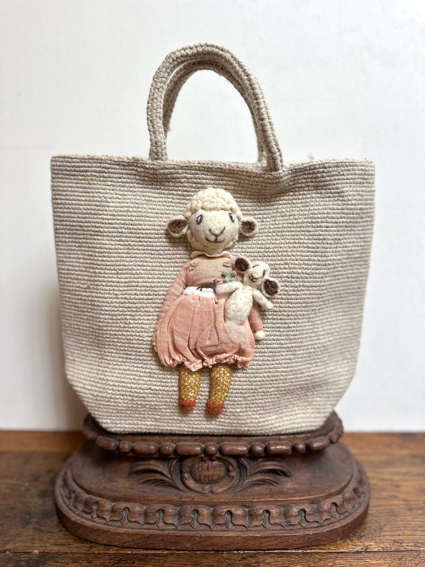 Sophie Digard Small Crochet Wool Tote Bag With Lamb Character
