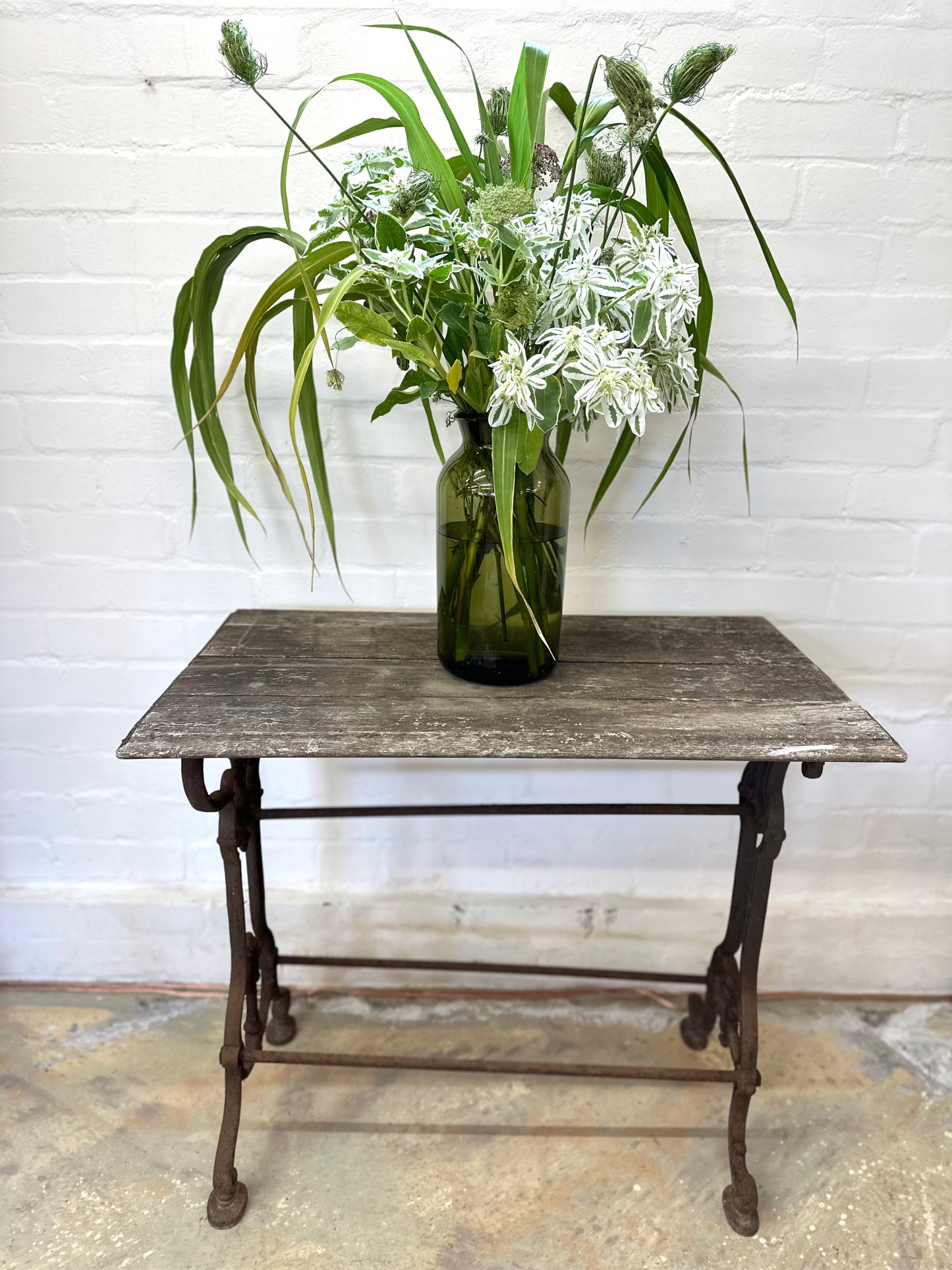 Antique French Rustic Outdoor Table With Cast Iron Base