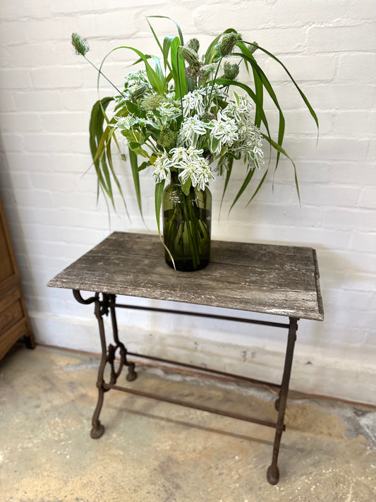Antique French Rustic Outdoor Table With Cast Iron Base