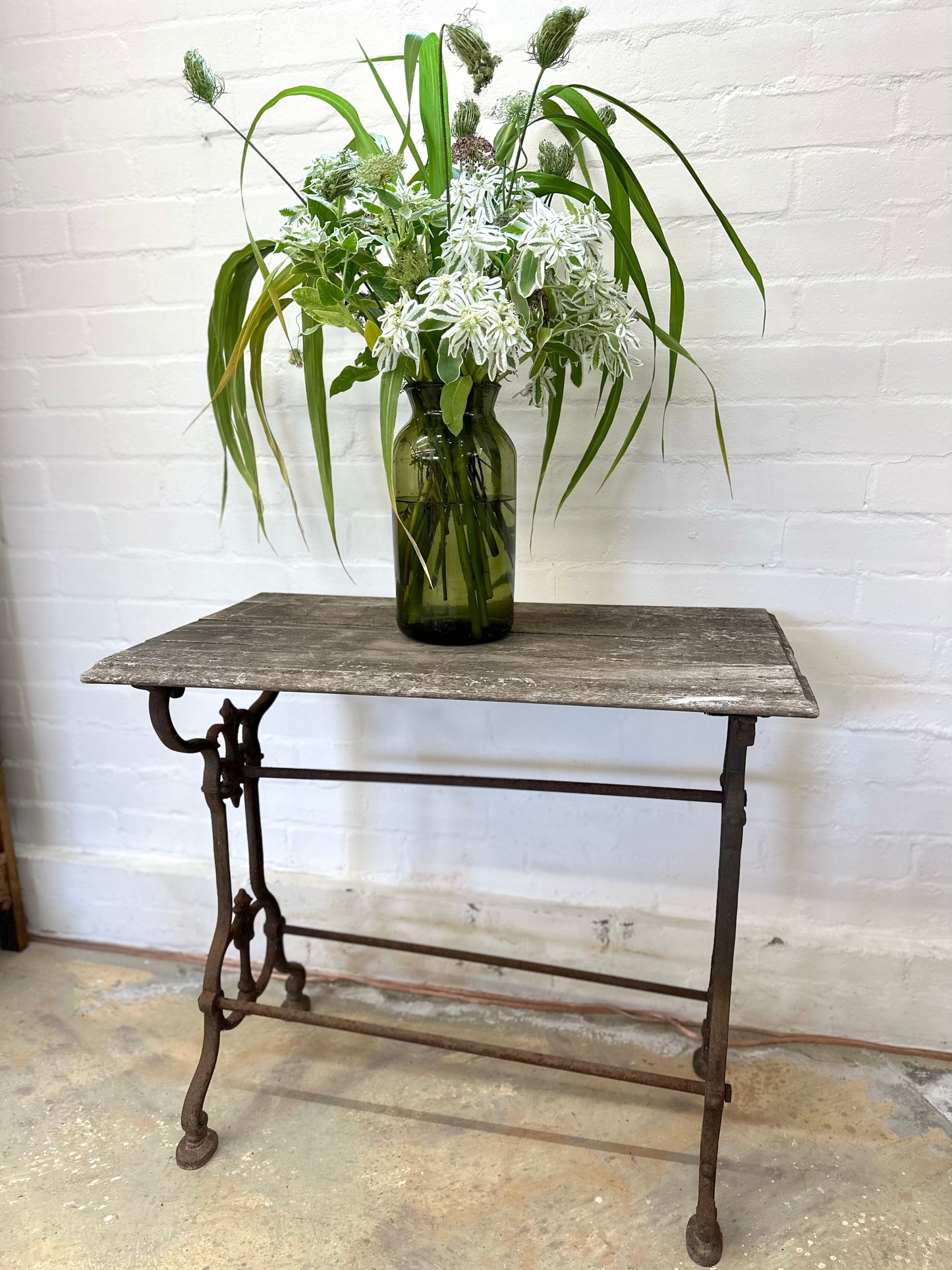 Antique French Rustic Outdoor Table With Cast Iron Base