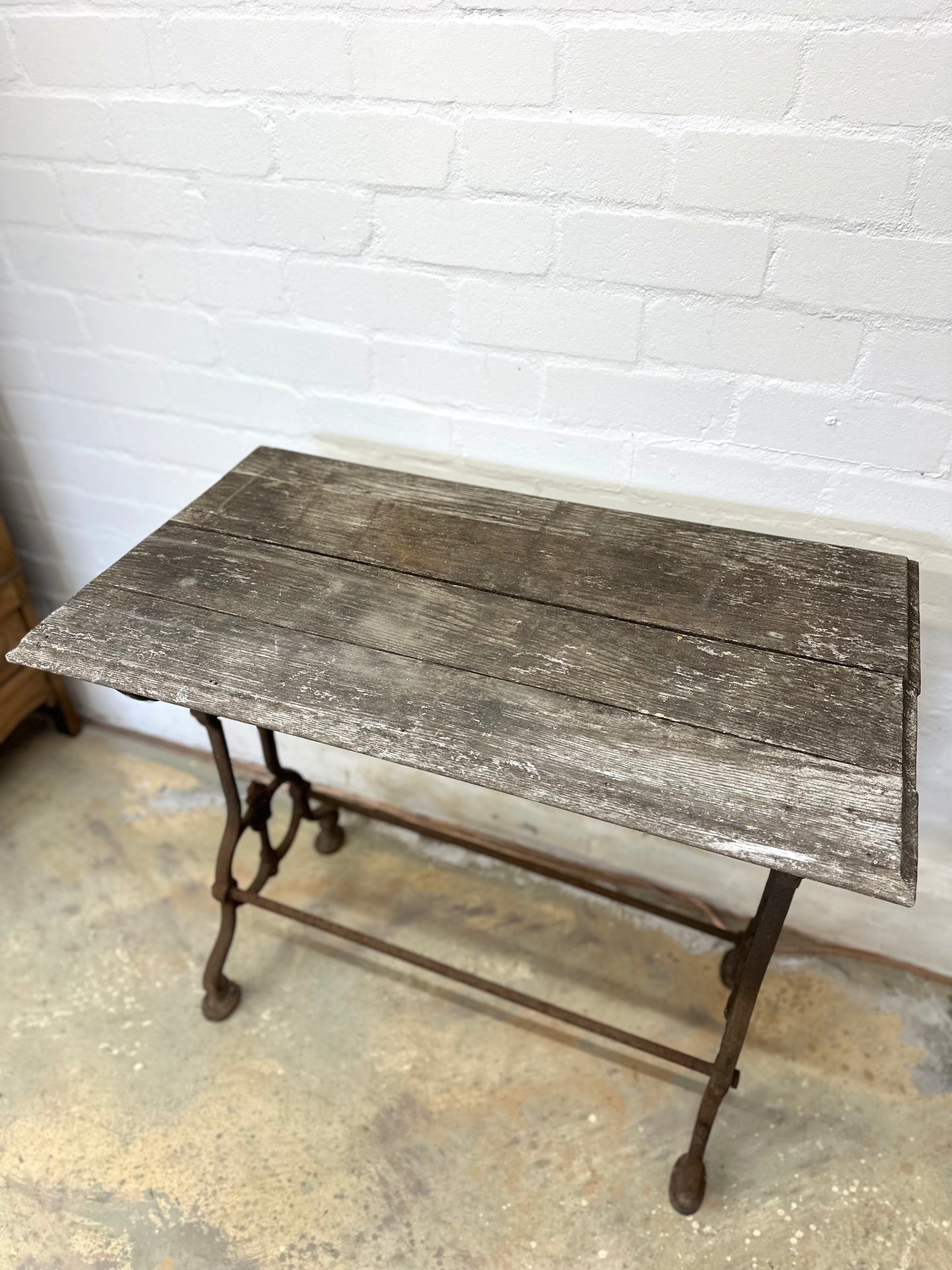 Antique French Rustic Outdoor Table With Cast Iron Base