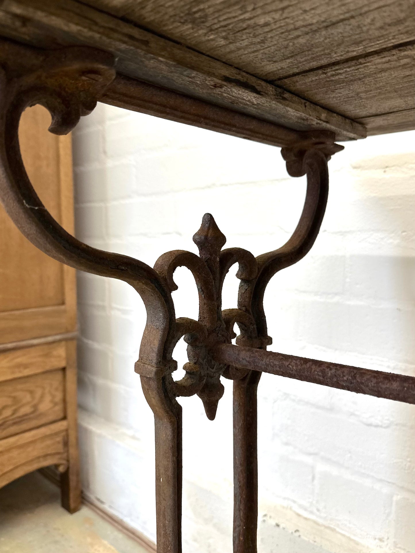 Antique French Rustic Outdoor Table With Cast Iron Base