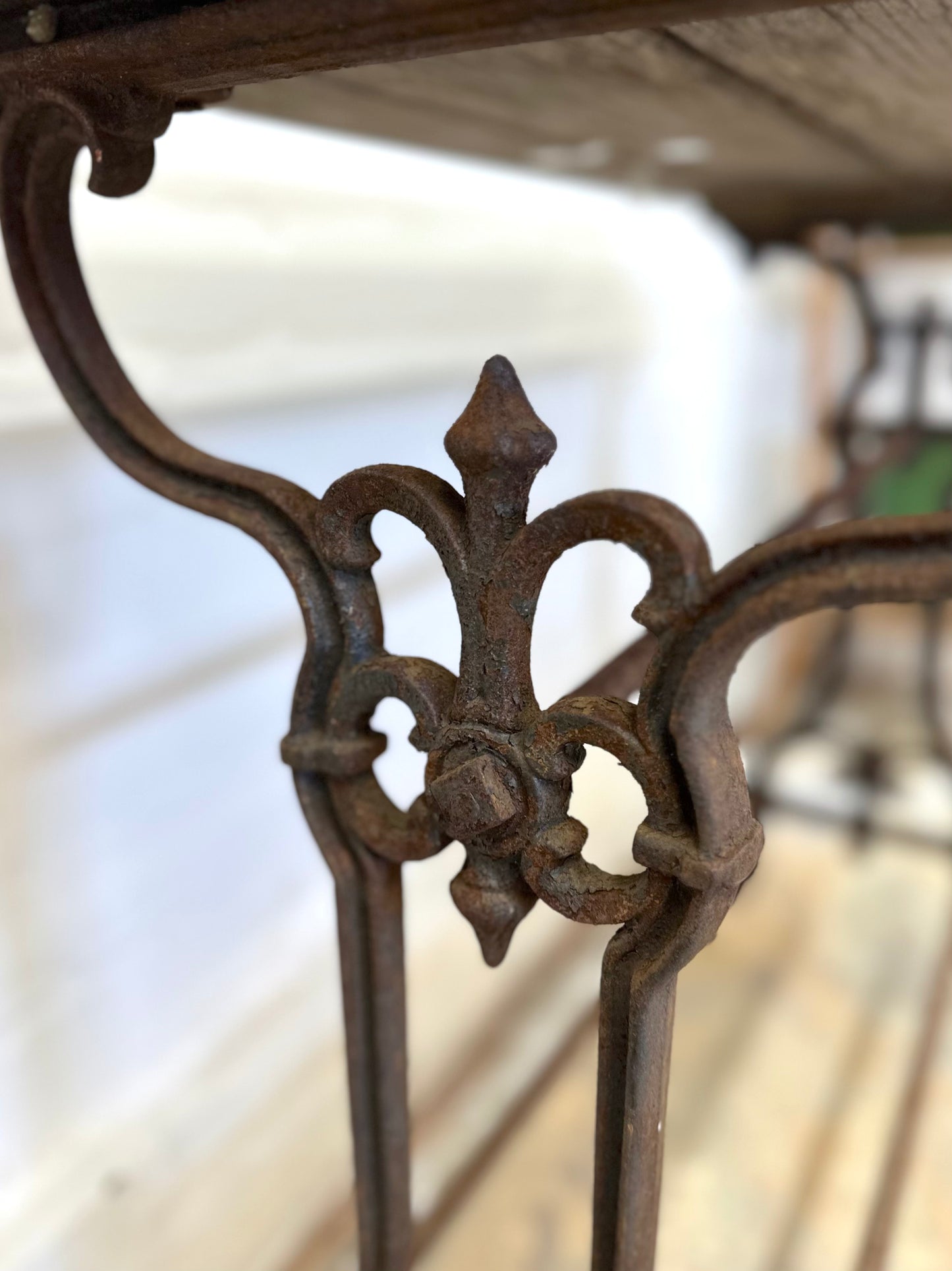 Antique French Rustic Outdoor Table With Cast Iron Base
