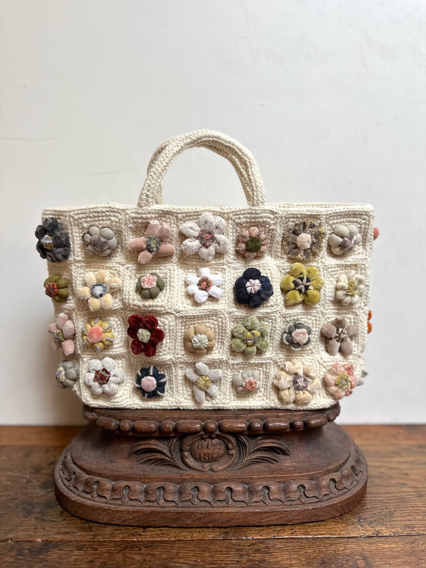 Sophie Digard Small Crochet Wool Tote Bag With Velvet Bobble Flowers