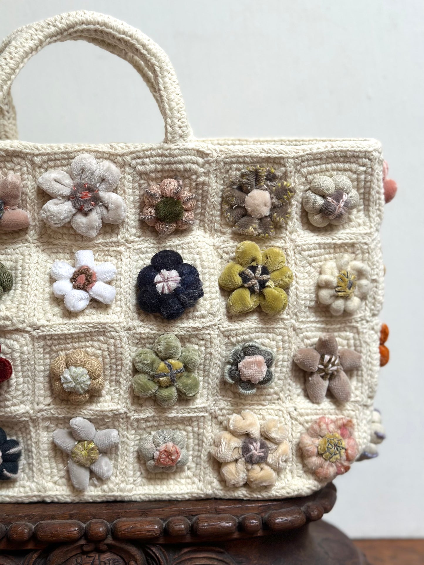 Sophie Digard Small Crochet Wool Tote Bag With Velvet Bobble Flowers