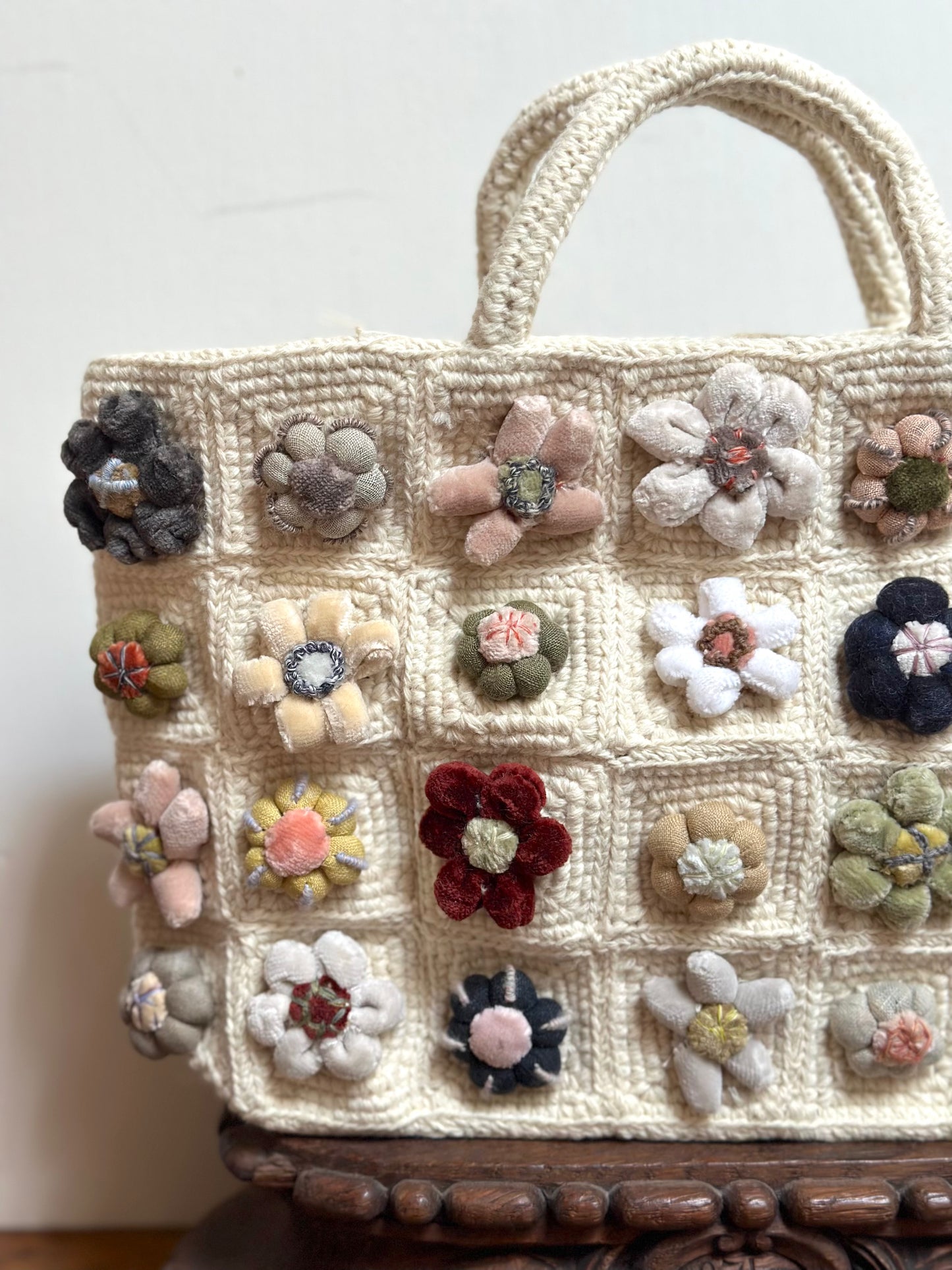 Sophie Digard Small Crochet Wool Tote Bag With Velvet Bobble Flowers
