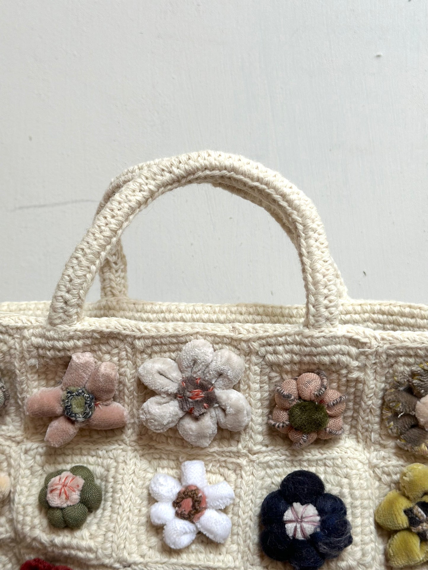 Sophie Digard Small Crochet Wool Tote Bag With Velvet Bobble Flowers