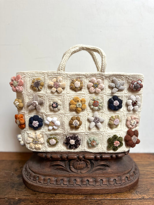 Sophie Digard Small Crochet Wool Tote Bag With Velvet Bobble Flowers