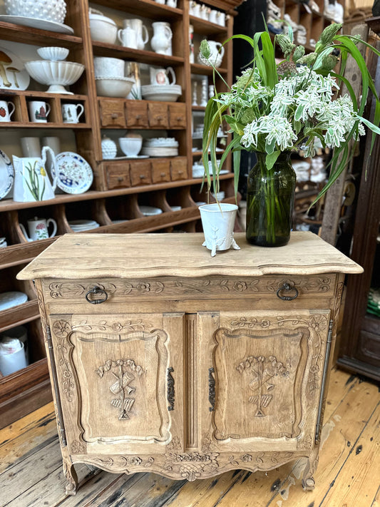 Antique French Raw Oak 2 Door Sideboard With Flower Basket Carving