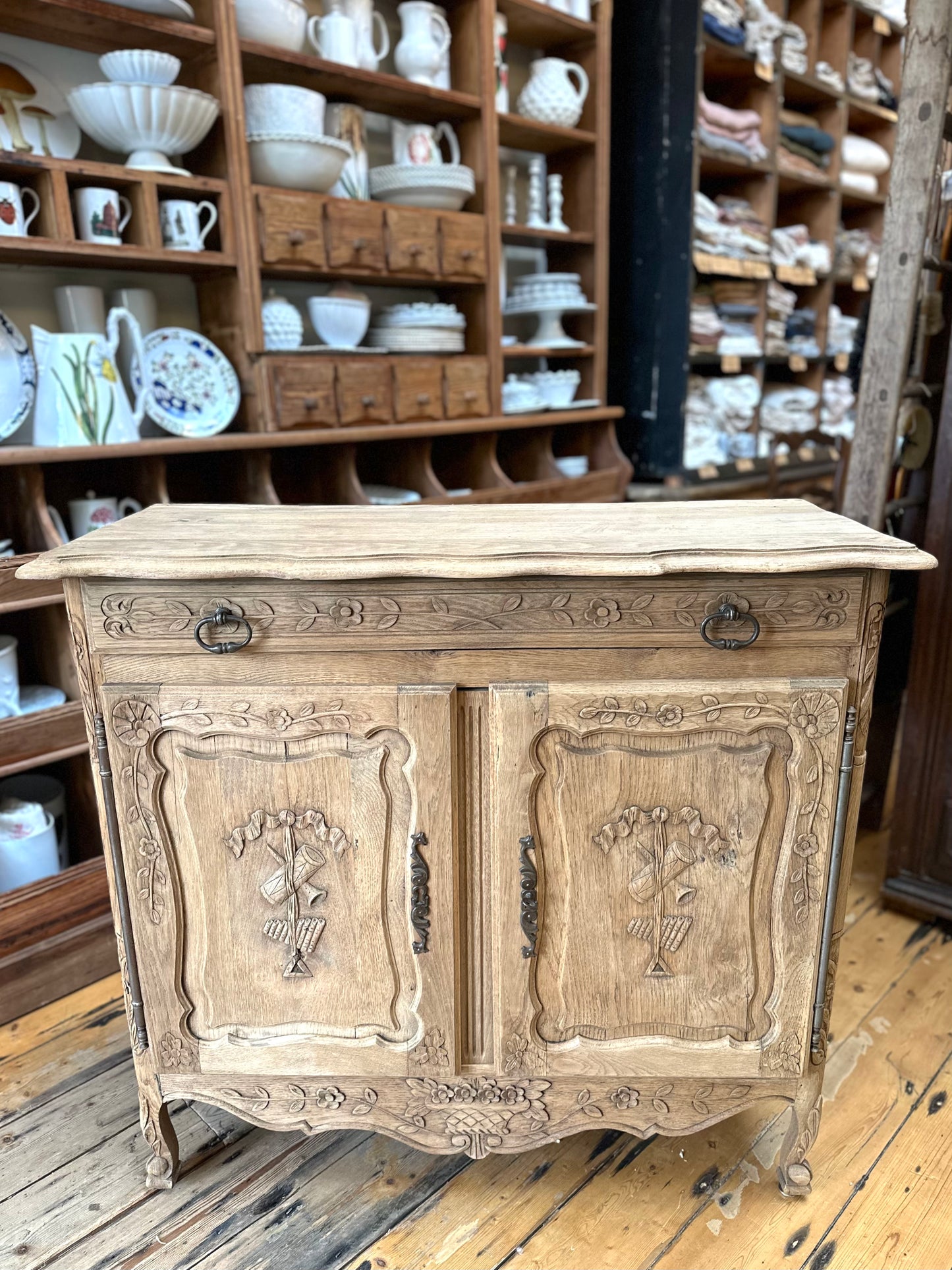 Antique French Raw Oak 2 Door Sideboard With Flower Basket Carving