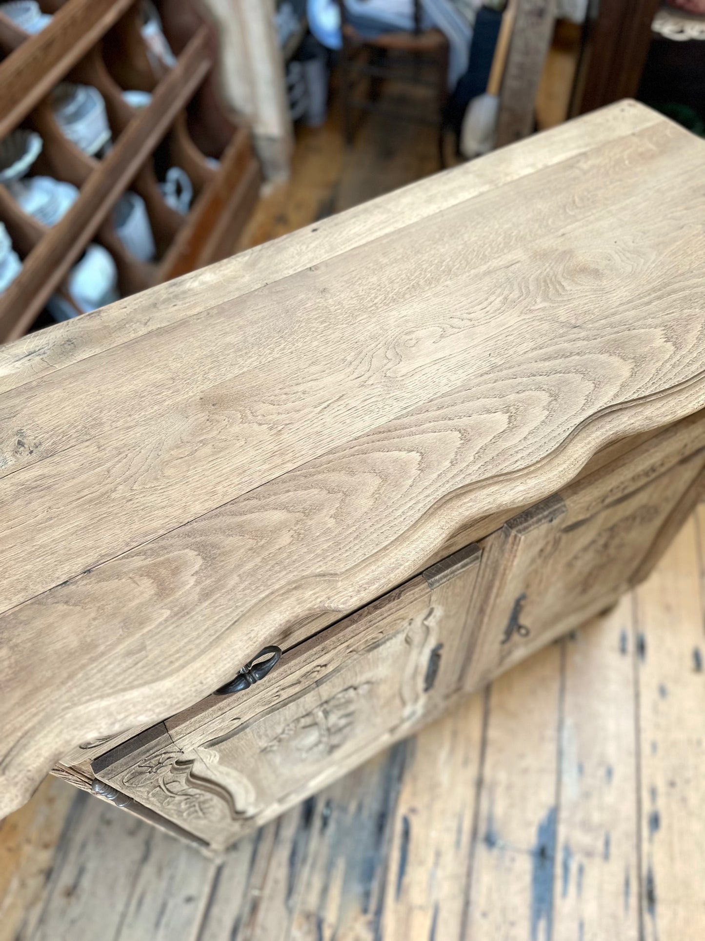 Antique French Raw Oak 2 Door Sideboard With Flower Basket Carving