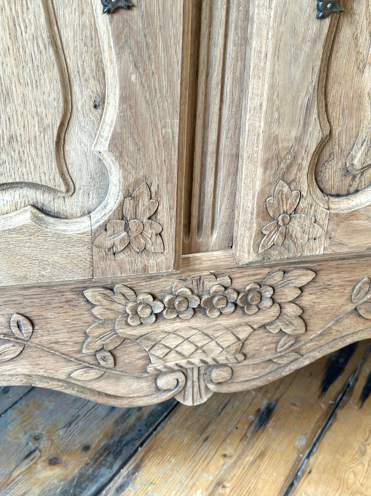 Antique French Raw Oak 2 Door Sideboard With Flower Basket Carving