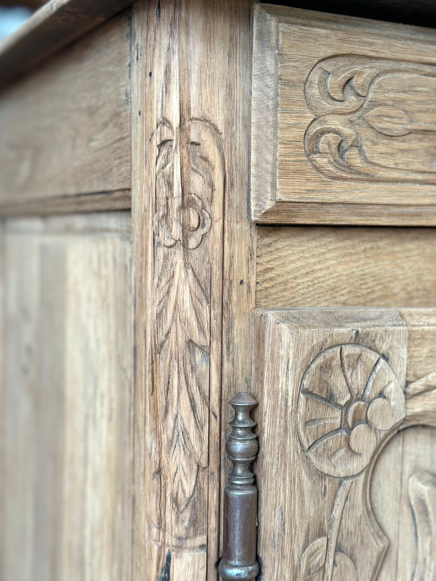 Antique French Raw Oak 2 Door Sideboard With Flower Basket Carving